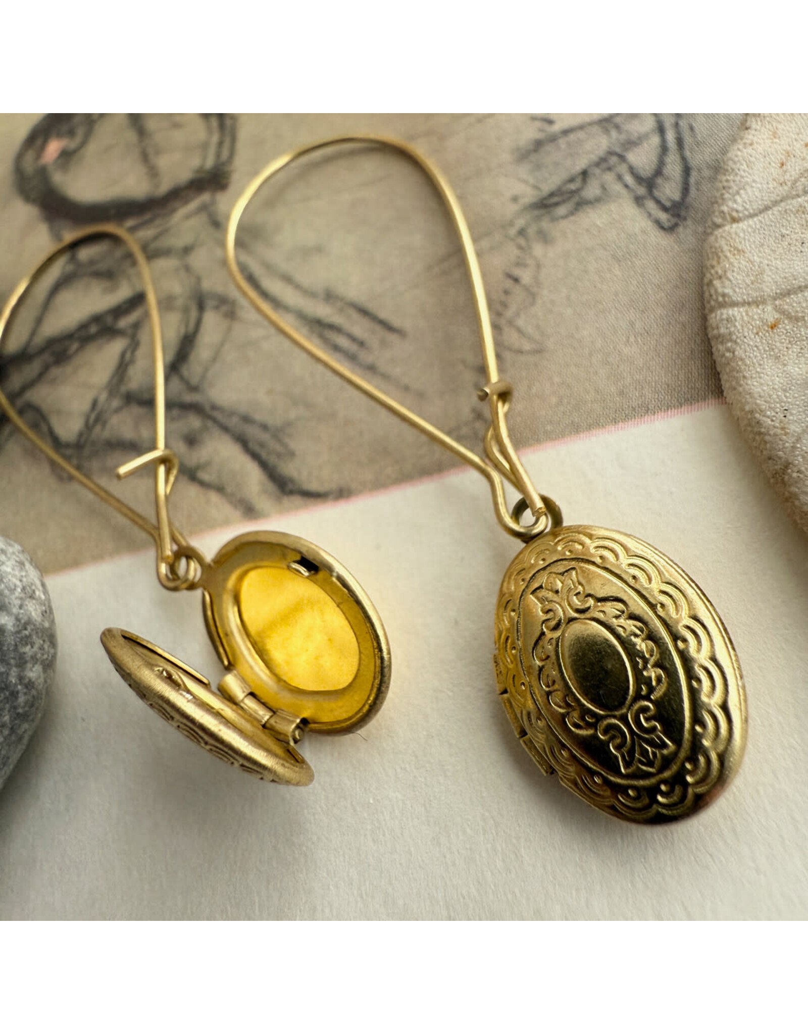 Pika & Bear Pika & Bear - 	"Sophia" Vintage Oval Locket Drop Earrings in Raw Brass