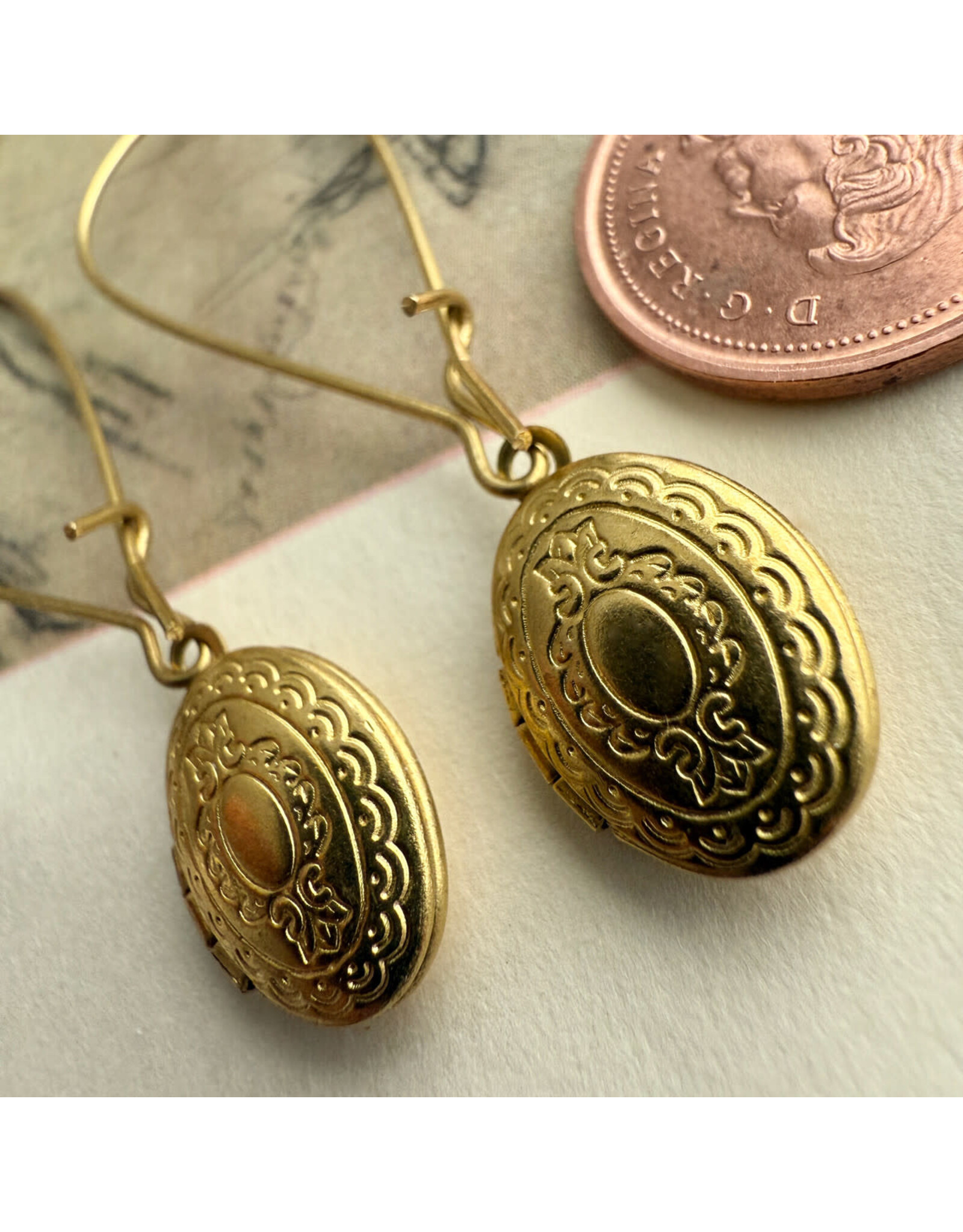 Pika & Bear Pika & Bear - 	"Sophia" Vintage Oval Locket Drop Earrings in Raw Brass