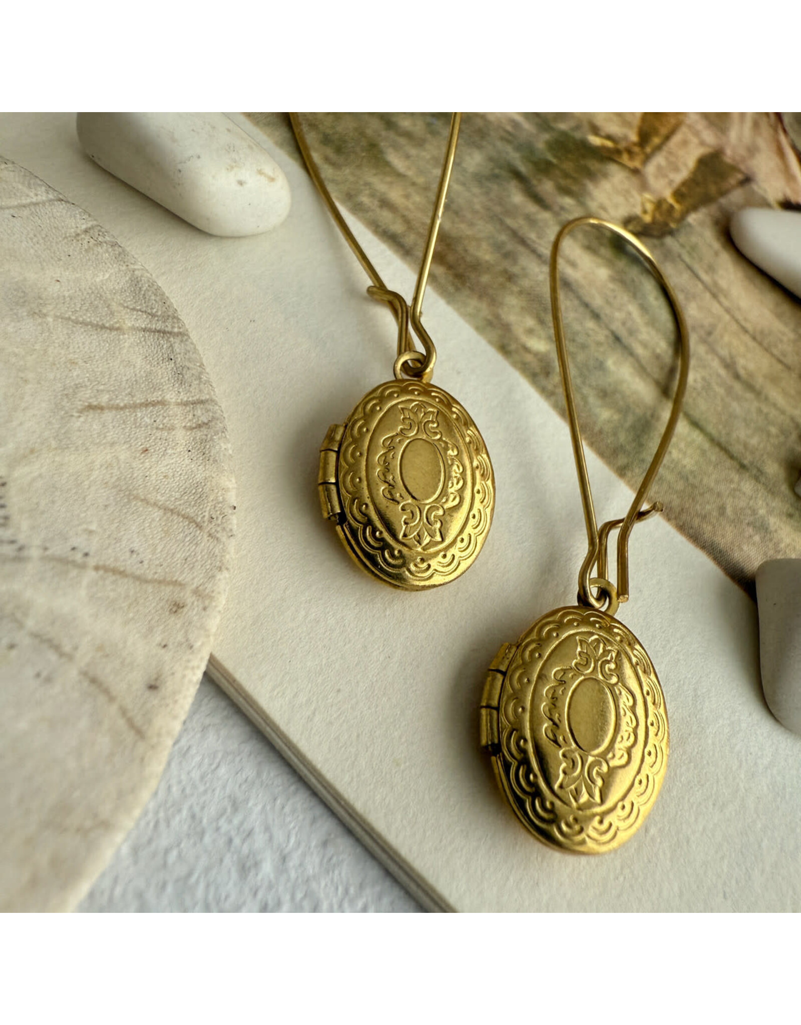 Pika & Bear Pika & Bear - 	"Sophia" Vintage Oval Locket Drop Earrings in Raw Brass