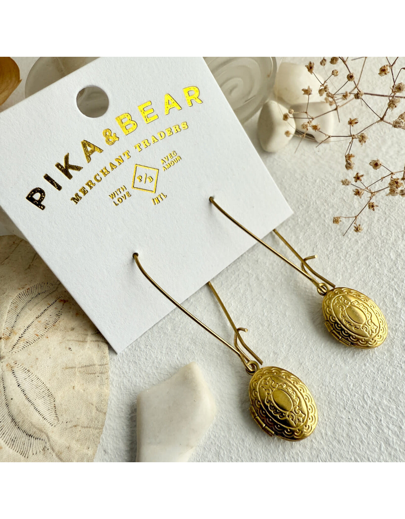 Pika & Bear Pika & Bear - 	"Sophia" Vintage Oval Locket Drop Earrings in Raw Brass