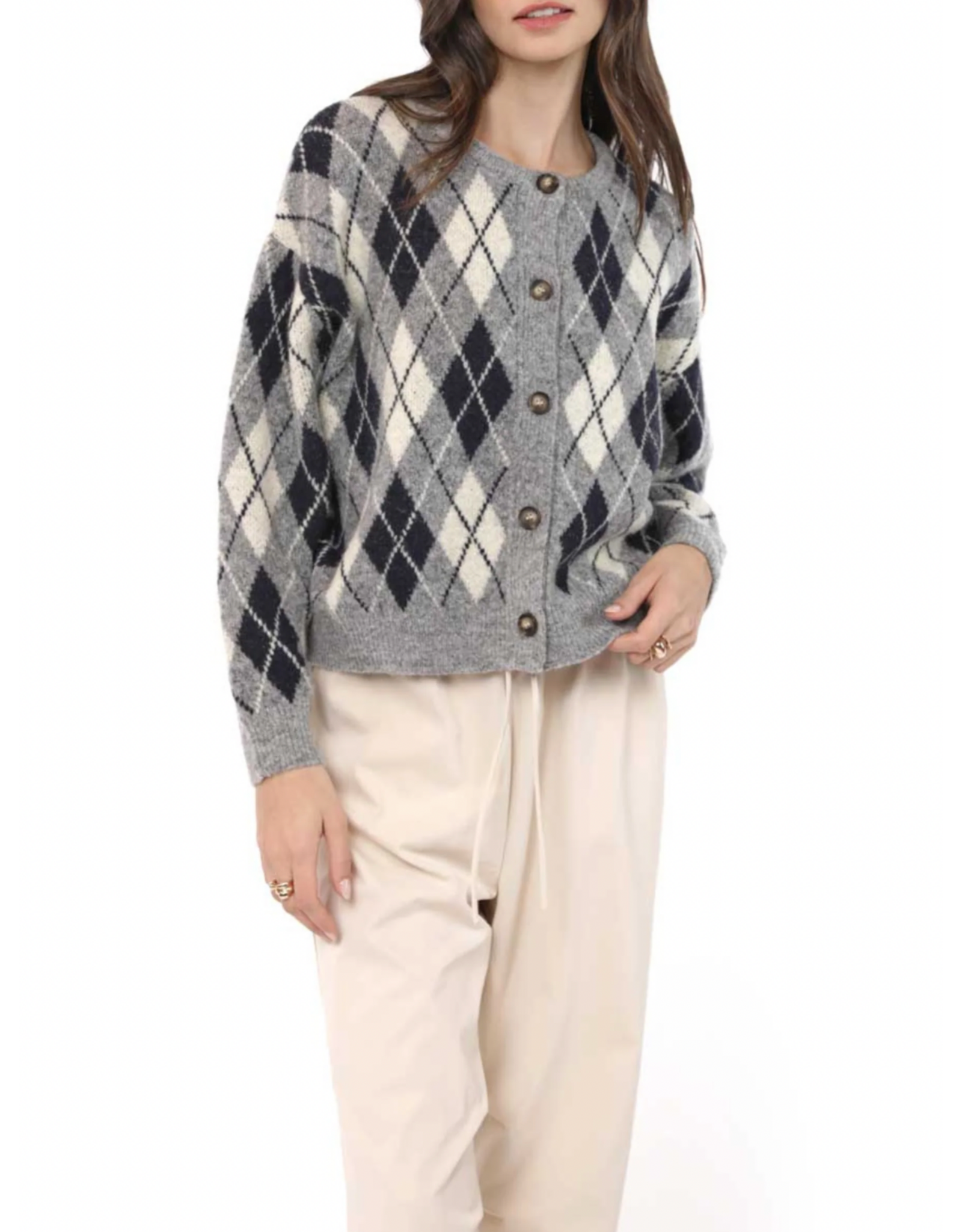 Sadie & Sage Sadie & Sage - Bec Argyle Sweater Cardigan (Grey)