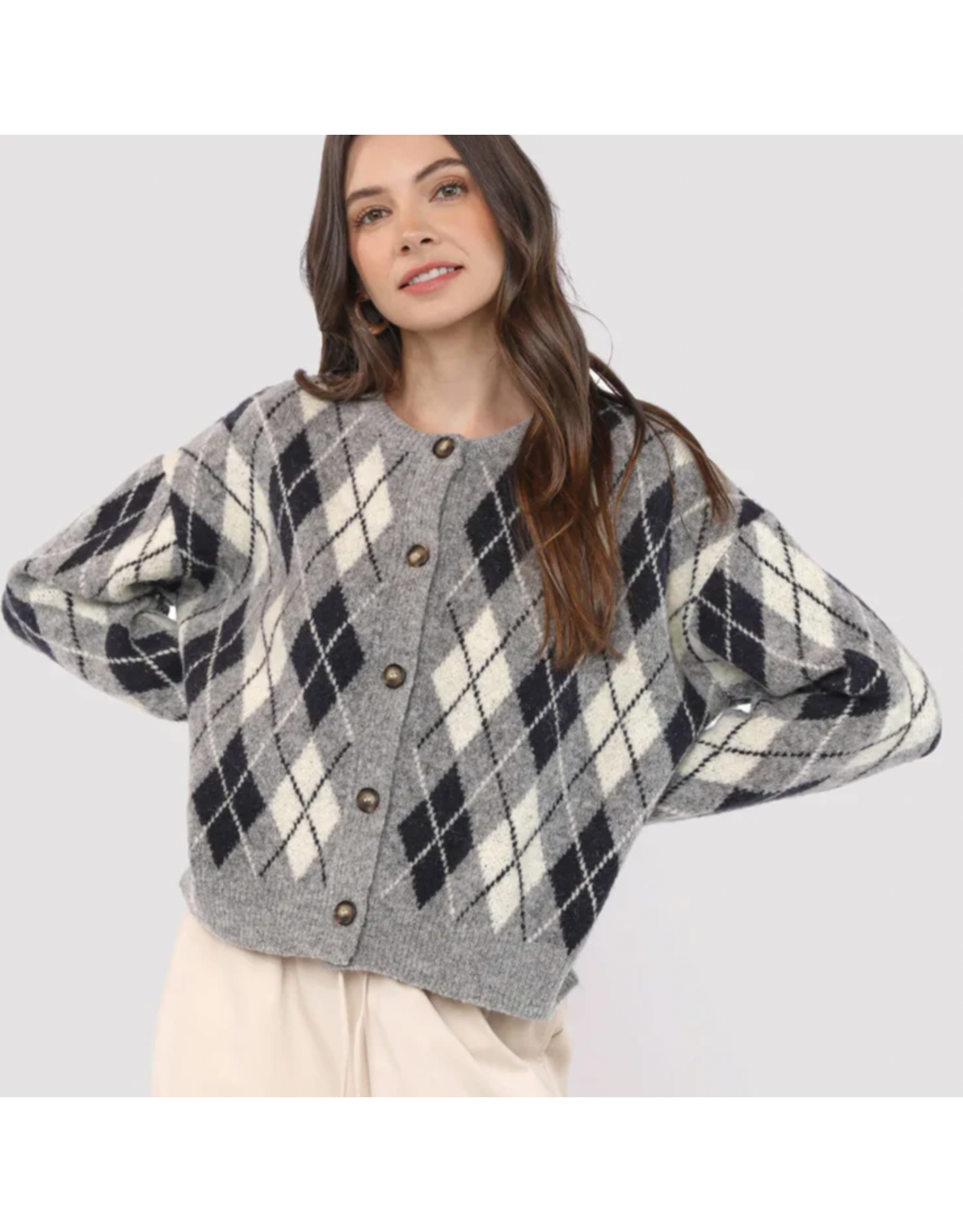 Sadie & Sage Sadie & Sage - Bec Argyle Sweater Cardigan (Grey)