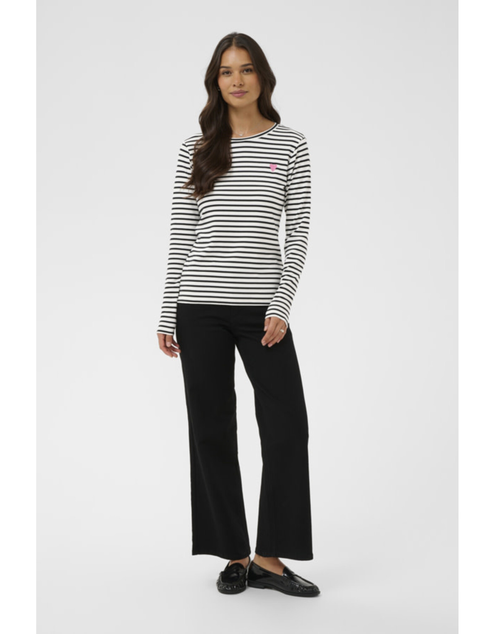 Kaffe Kaffe - Liddy Striped Long Sleeve Shirt (Chalk / Blk with Pink Heart))