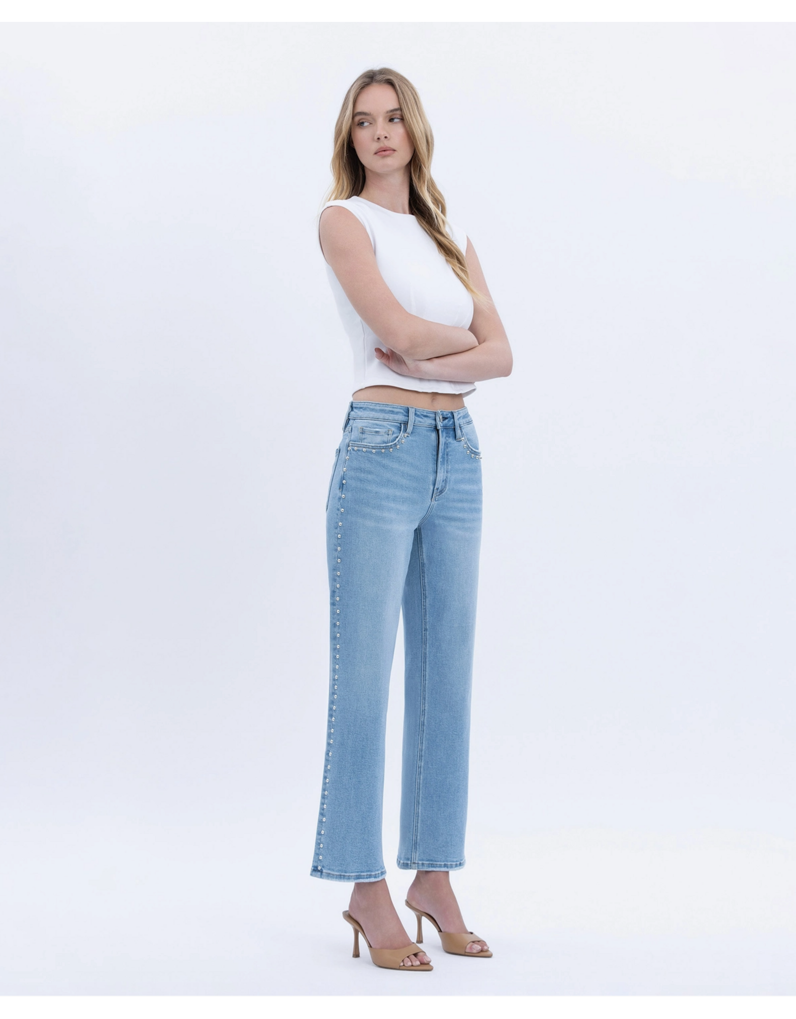 VERVET VERVET - High Rise Ankle Studded Slim Wide Jeans (Honourable)