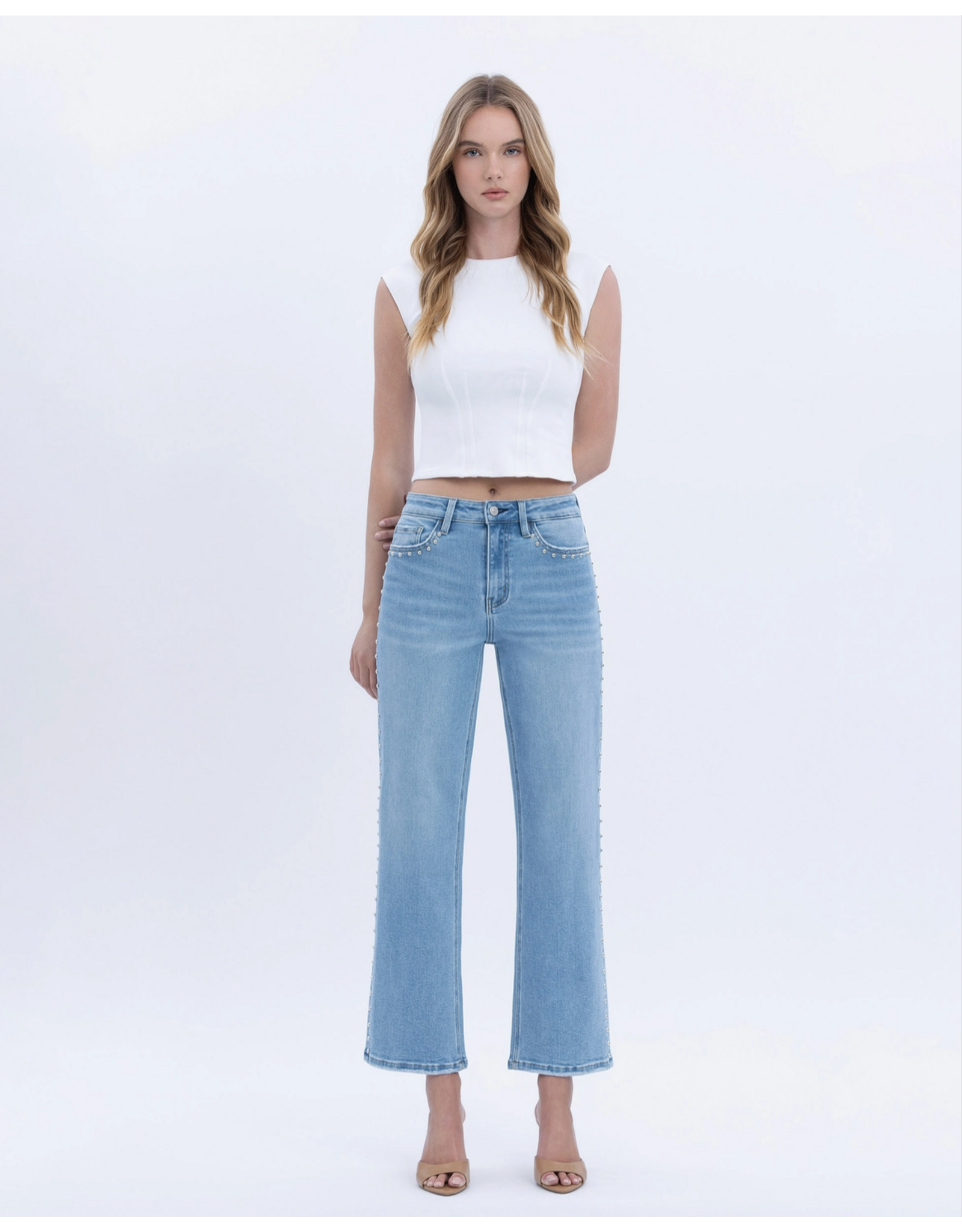 VERVET VERVET - High Rise Ankle Studded Slim Wide Jeans (Honourable)