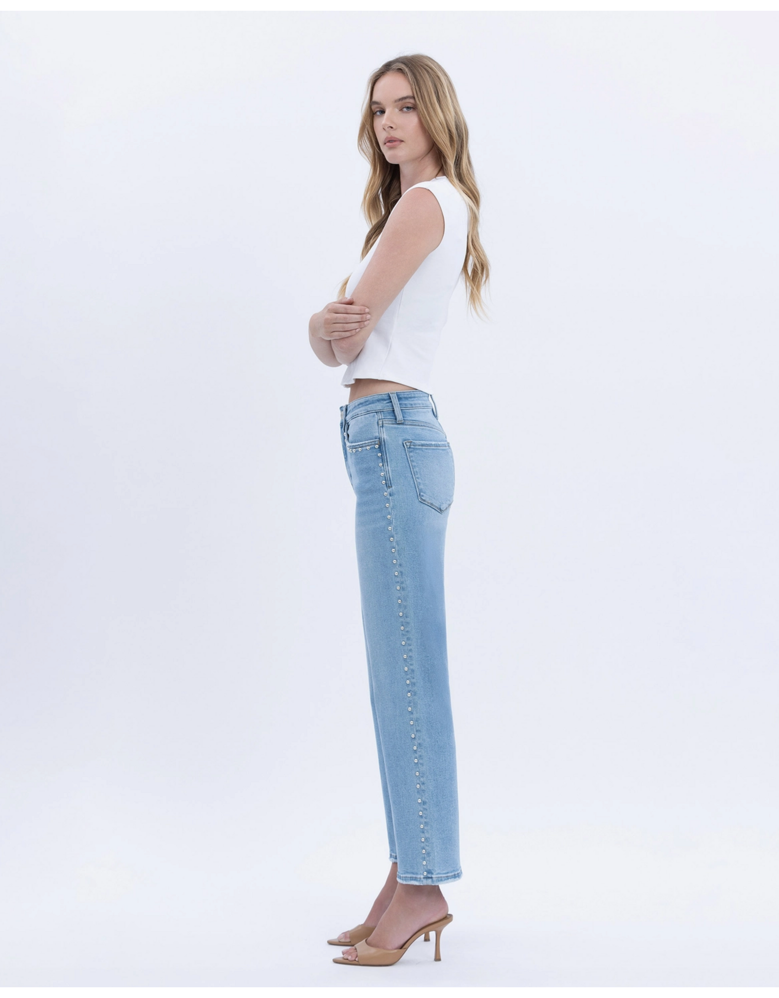 VERVET VERVET - High Rise Ankle Studded Slim Wide Jeans (Honourable)