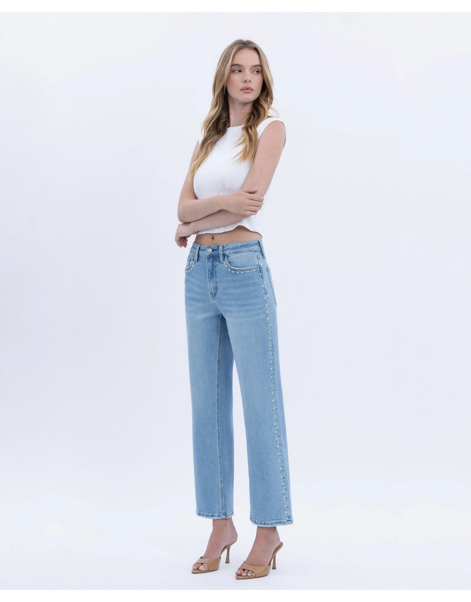 VERVET VERVET - High Rise Ankle Studded Slim Wide Jeans (Honourable)