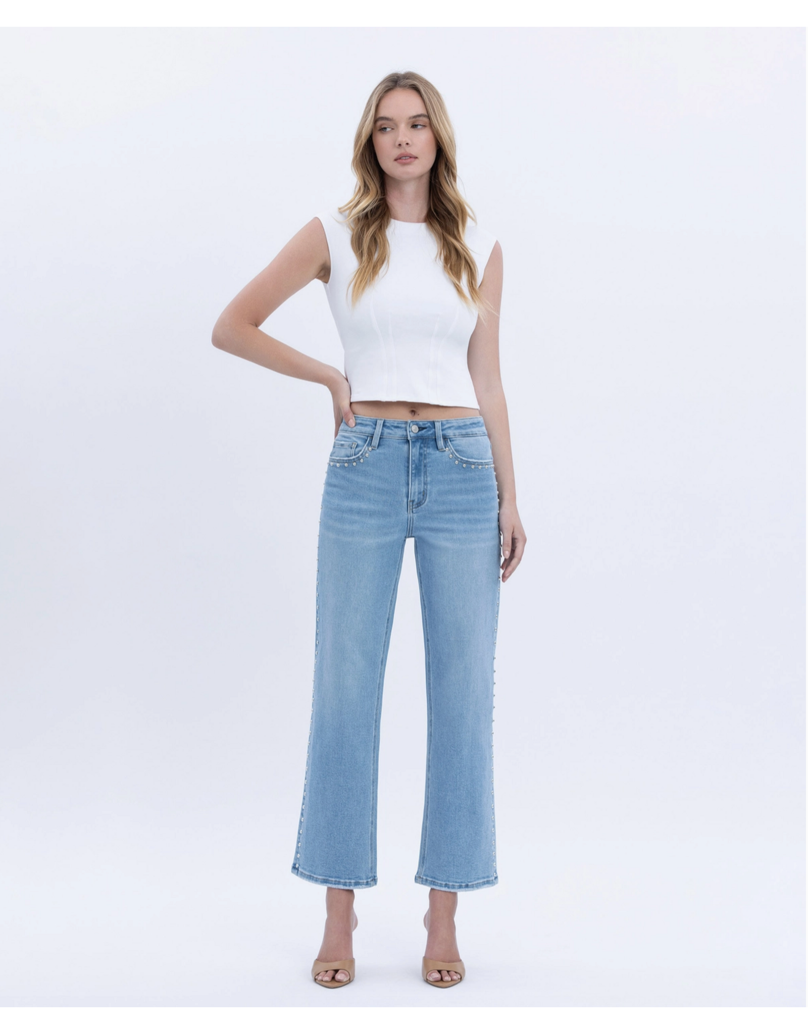 VERVET VERVET - High Rise Ankle Studded Slim Wide Jeans (Honourable)