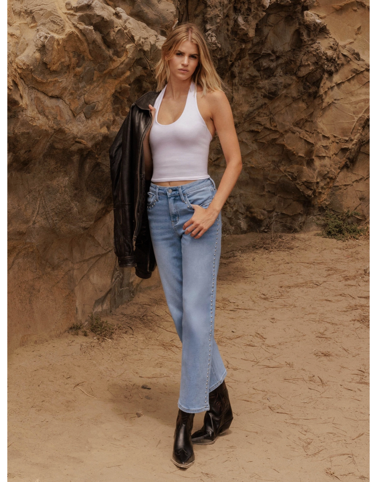 VERVET VERVET - High Rise Ankle Studded Slim Wide Jeans (Honourable)