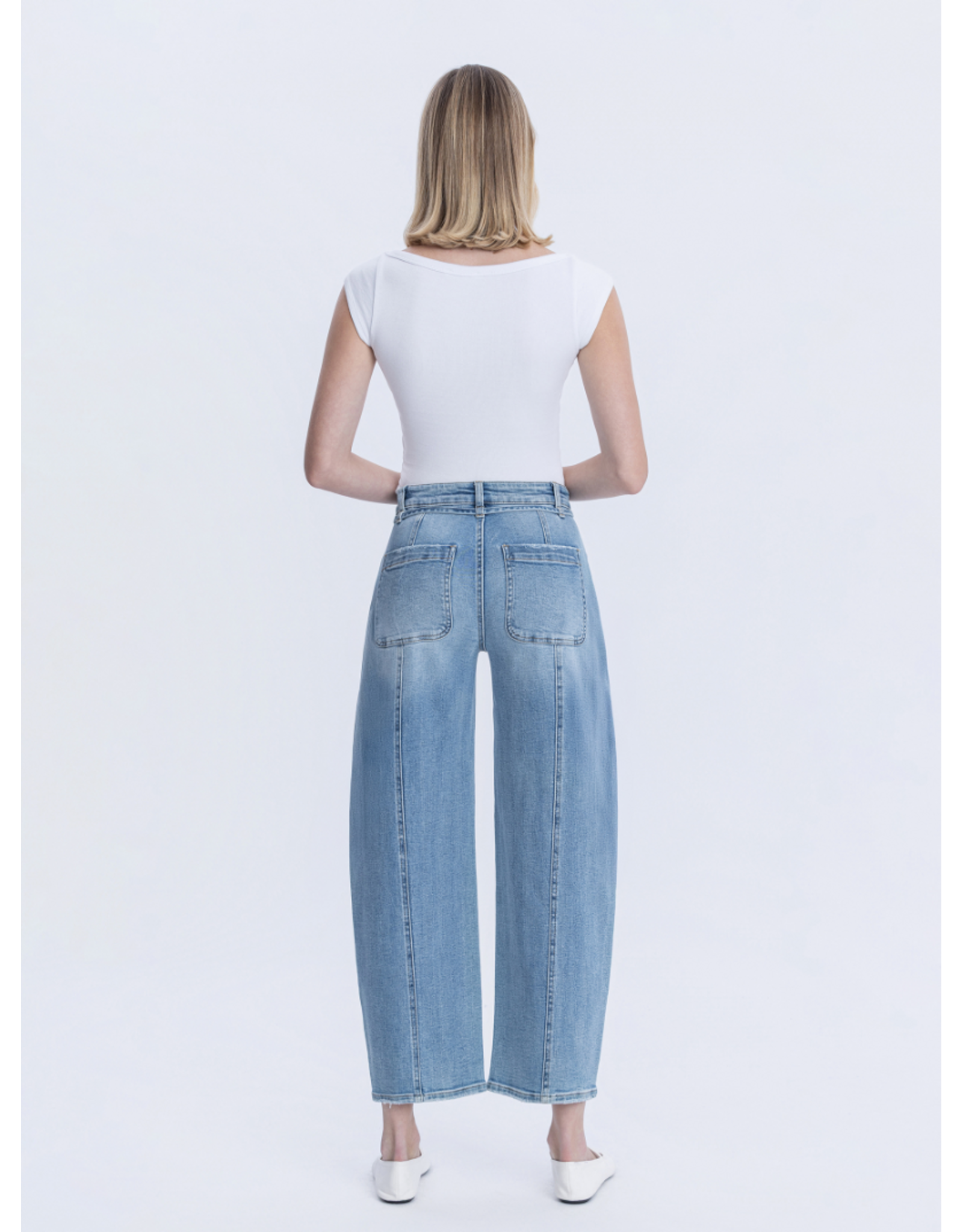VERVET VERVET - High Waist Tie Crop Wide Barrel Jeans (Inspirational)