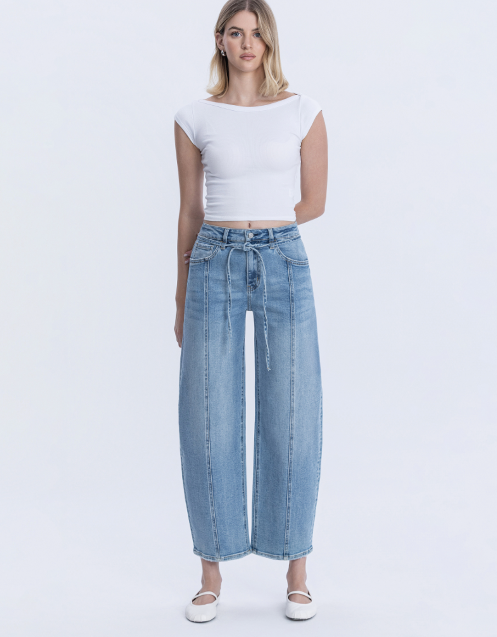 VERVET VERVET - High Waist Tie Crop Wide Barrel Jeans (Inspirational)
