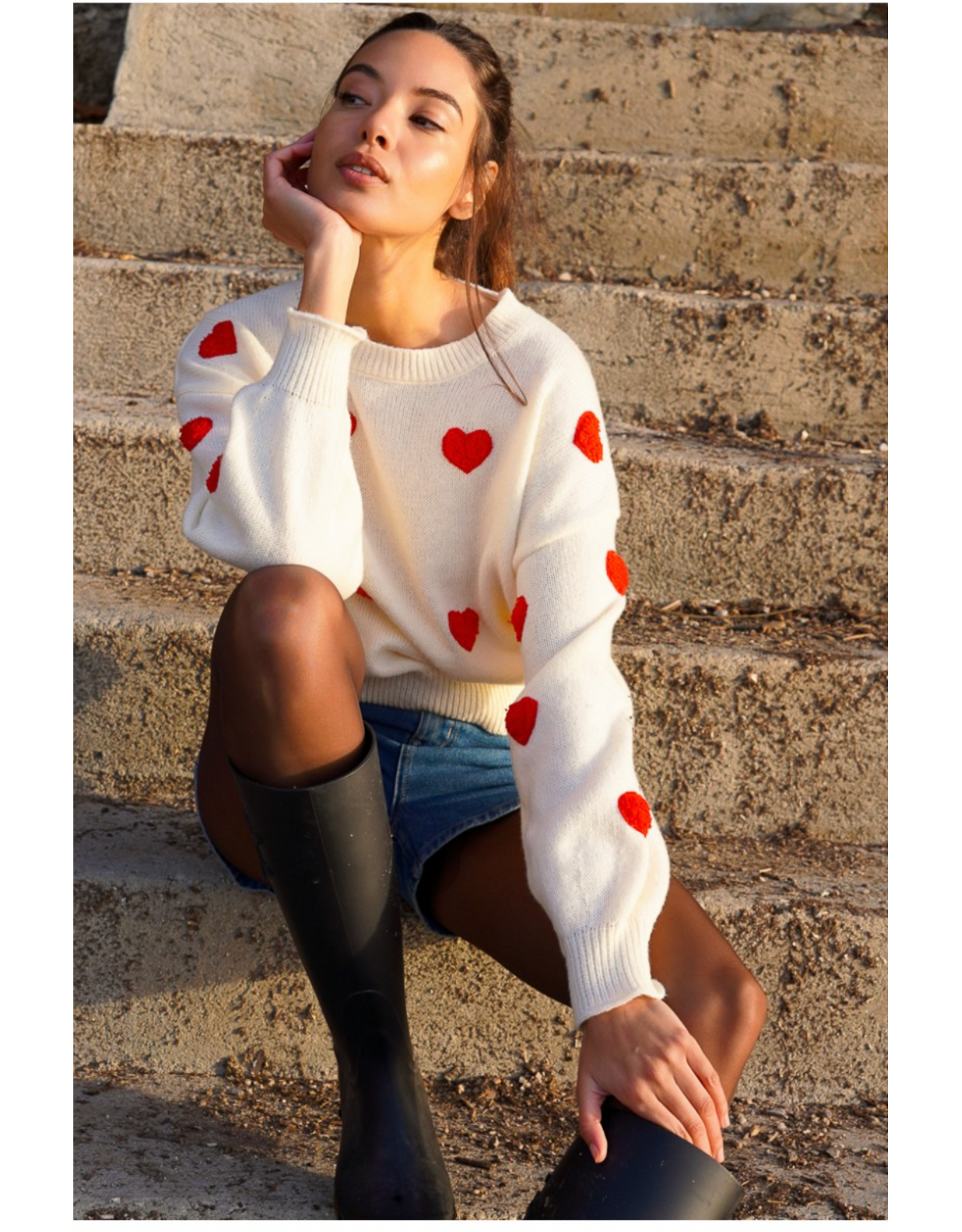 Molly Bracken Molly Bracken -  Heart Print Sweater (Ecru)