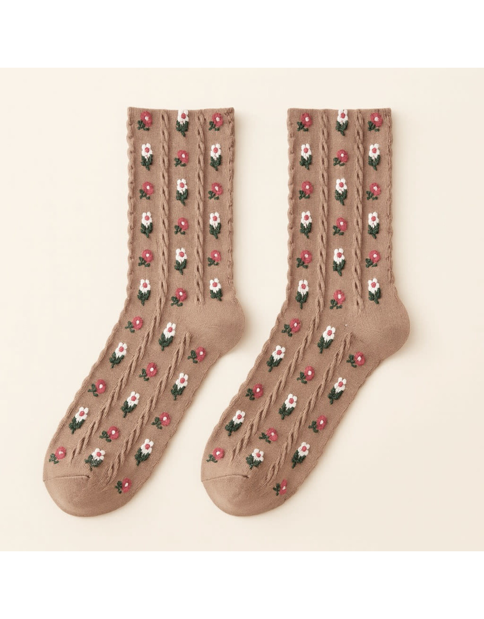 Pika & Bear Pika & Bear - "Chloe" Floral Applique and Pointelle Crew Socks (2 pack)