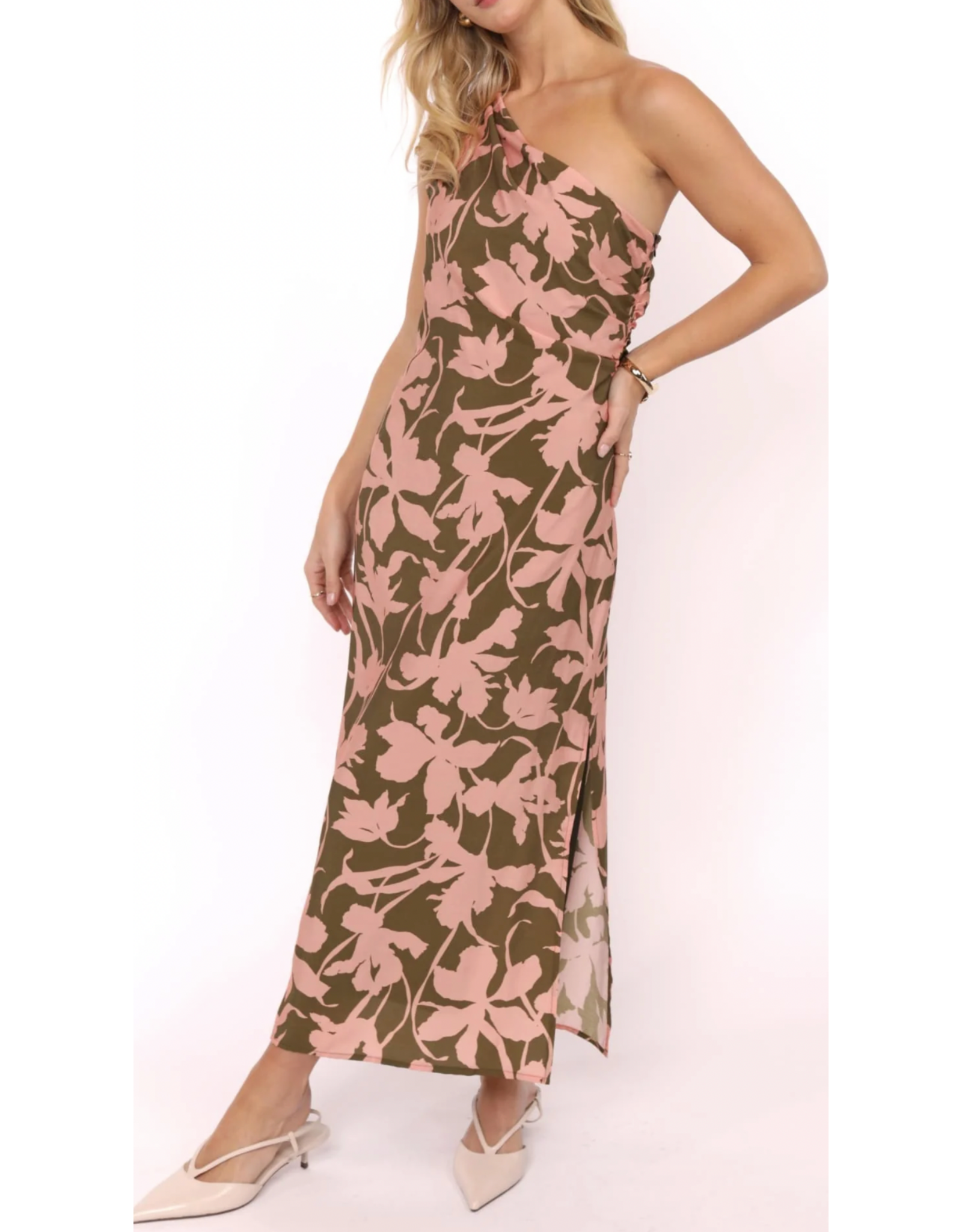 Sadie & Sage Sadie & Sage - My Dearest One Shoulder Drapey Midi Dress (Olive Pink)