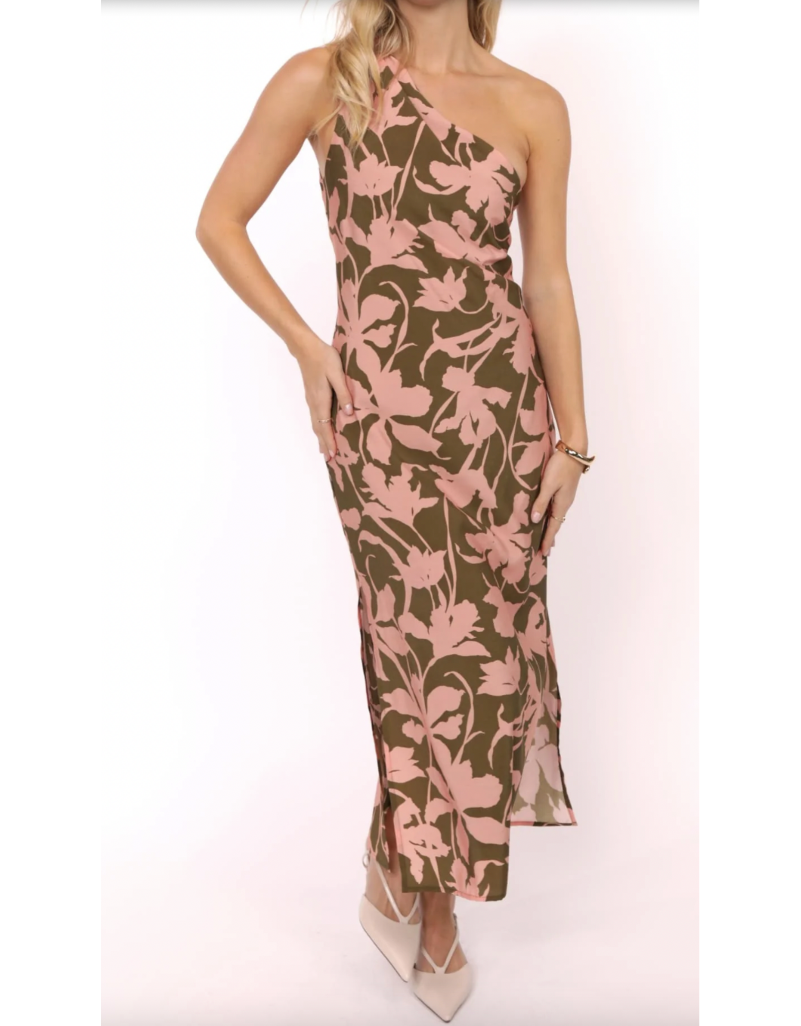 Sadie & Sage Sadie & Sage - My Dearest One Shoulder Drapey Midi Dress (Olive Pink)