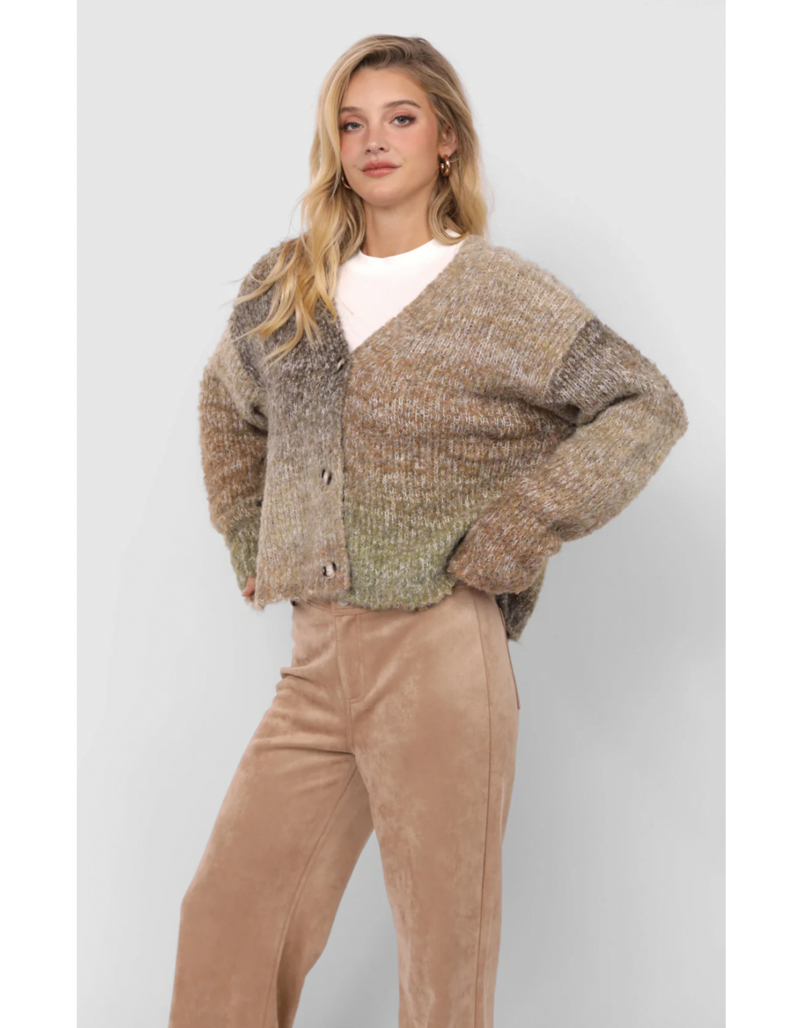 Sadie & Sage Sadie & Sage - Smiley Ombre Fuzzy Knit Cardigan (Olive Brown)