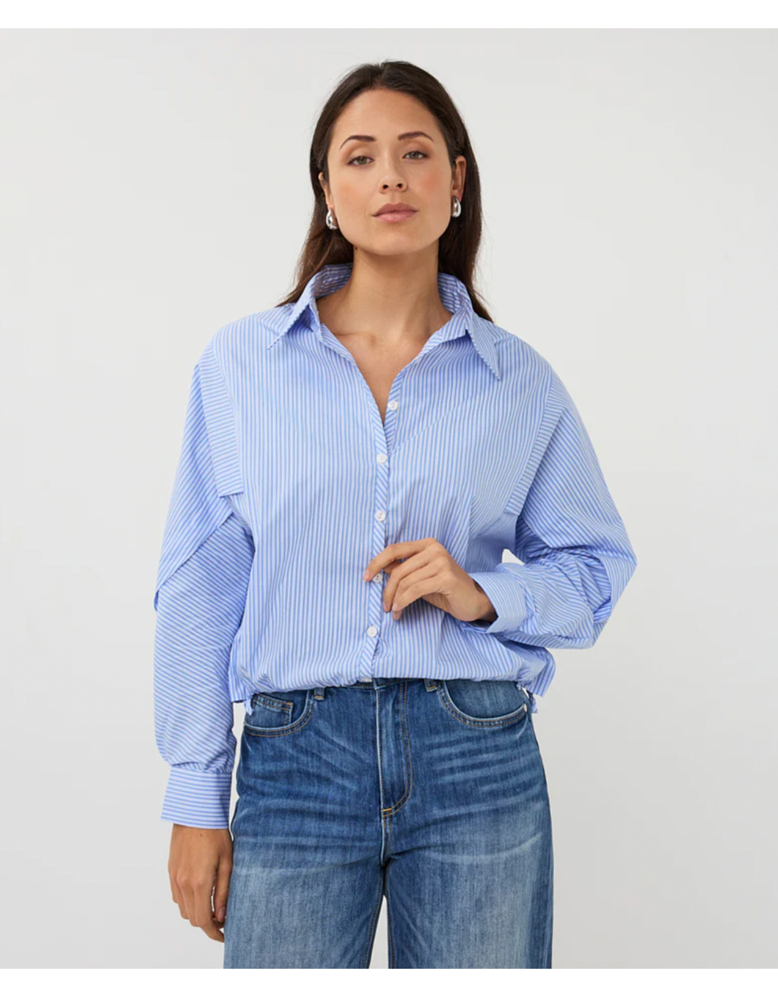 EsQualo EsQualo - Striped Button Up with Balloon Hem and Side Ties (Blue / White)