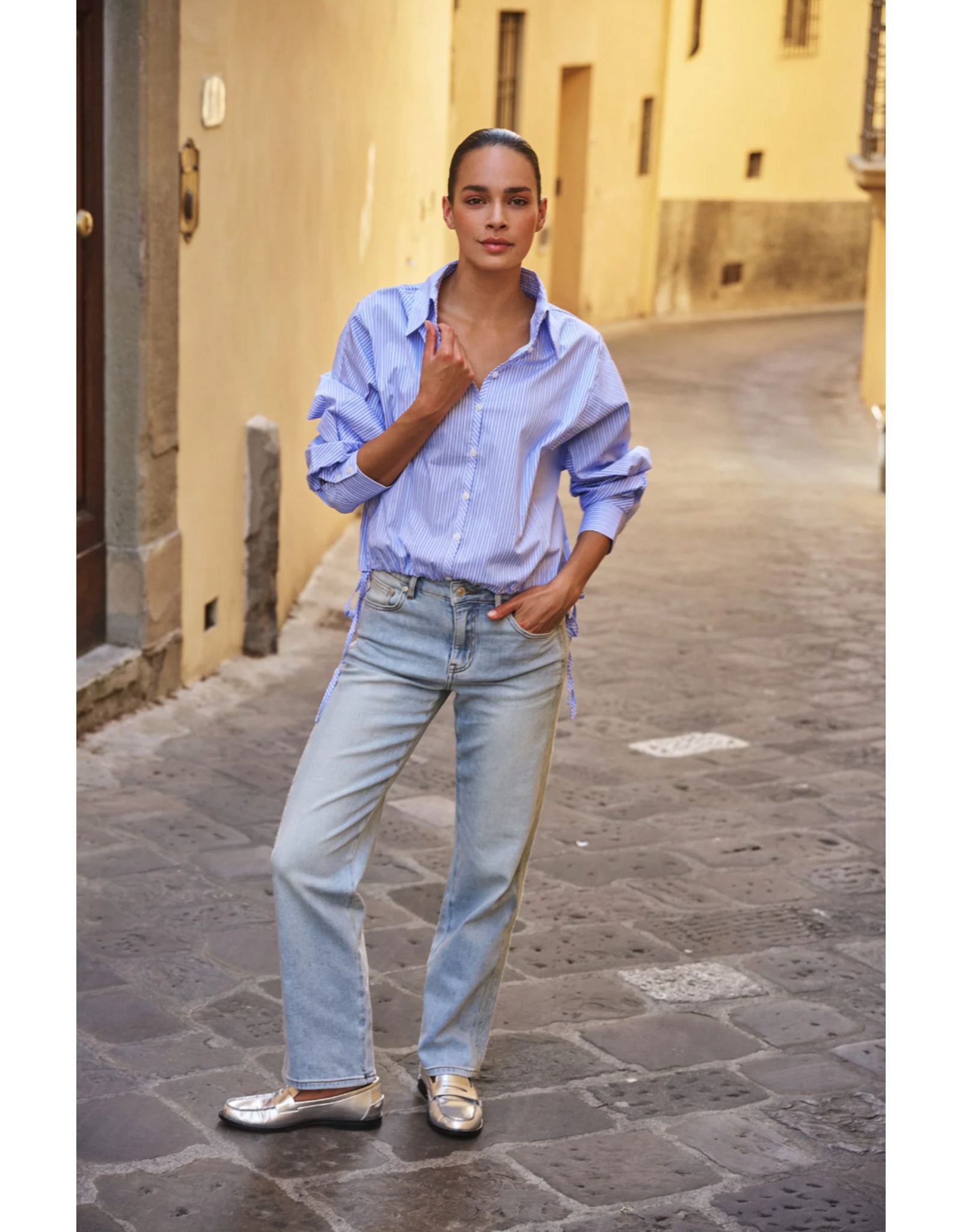 EsQualo EsQualo - Striped Button Up with Balloon Hem and Side Ties (Blue / White)