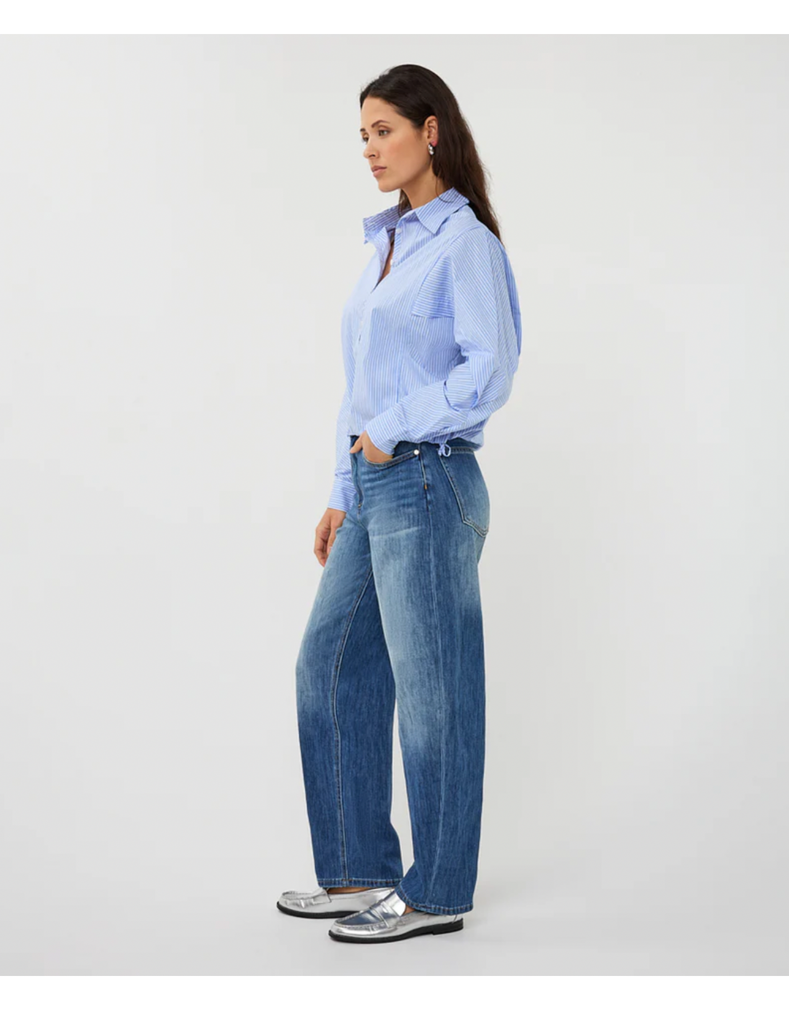 EsQualo EsQualo - Striped Button Up with Balloon Hem and Side Ties (Blue / White)