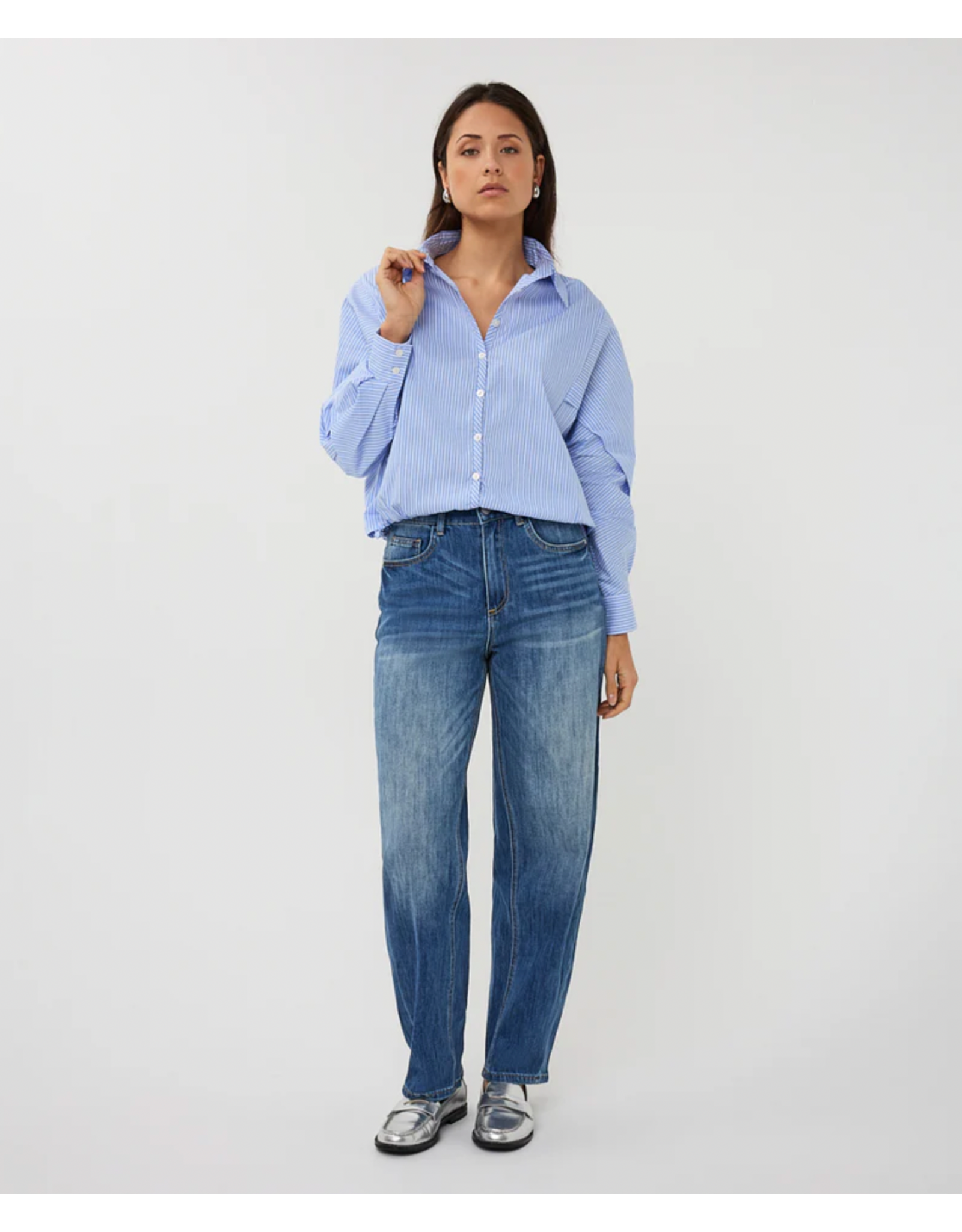 EsQualo EsQualo - Striped Button Up with Balloon Hem and Side Ties (Blue / White)