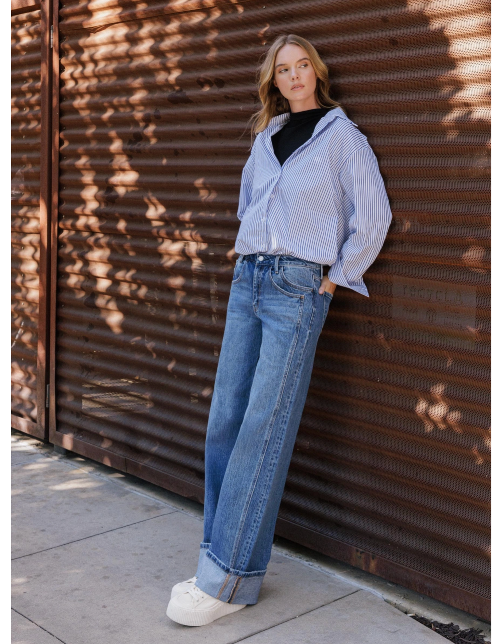 VERVET VERVET - High Rise Cuffed Baggy Wide Panel Jean (Shine)