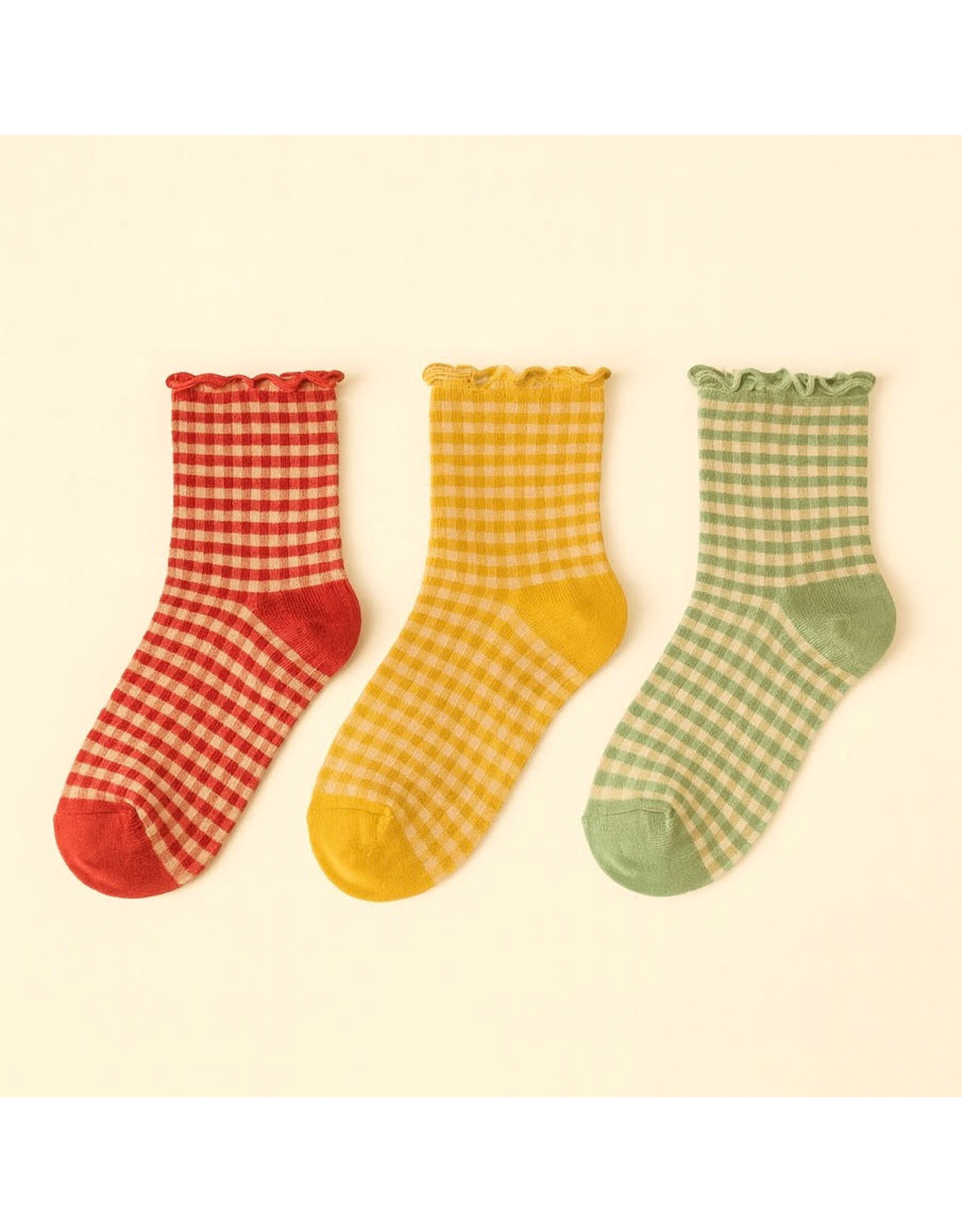 Pika & Bear Pika & Bear - "Lazy J" Waffle Gingham Ankle Socks with Ruffled Edge (3 pack)