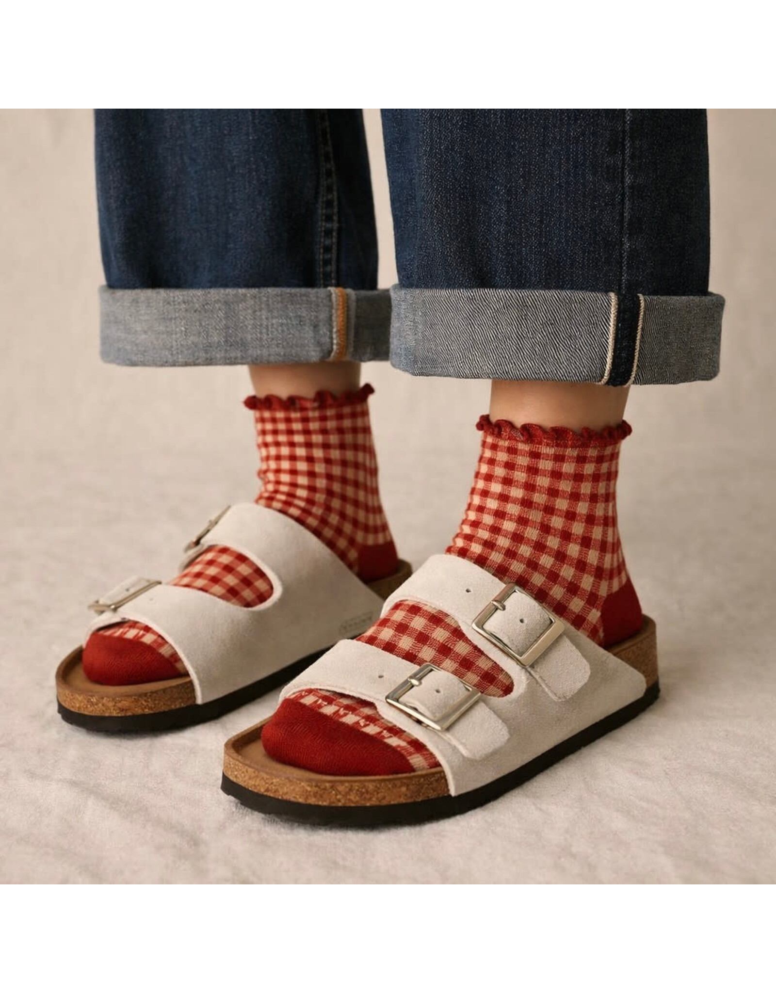 Pika & Bear Pika & Bear - "Lazy J" Waffle Gingham Ankle Socks with Ruffled Edge (3 pack)