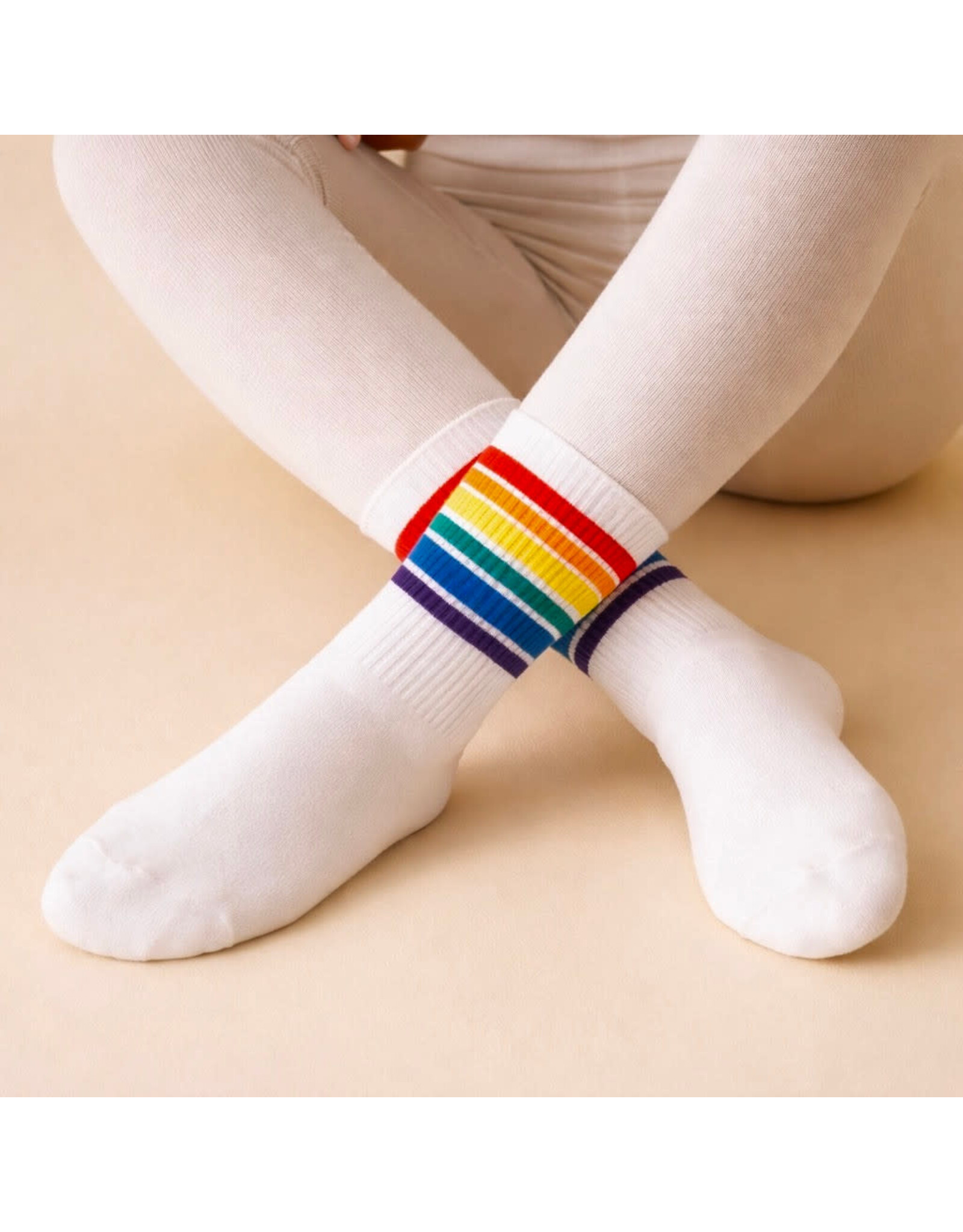 Pika & Bear Pika & Bear - "Milk" Crew Socks with Rainbow Stripe Detail in Black and White (2 Pack)