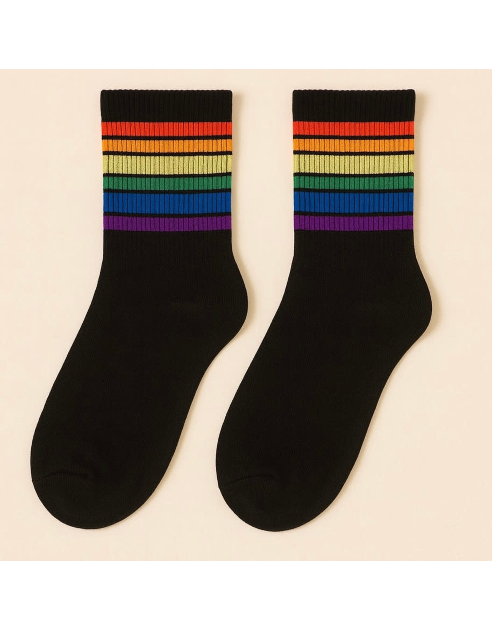 Pika & Bear Pika & Bear - "Milk" Crew Socks with Rainbow Stripe Detail in Black and White (2 Pack)