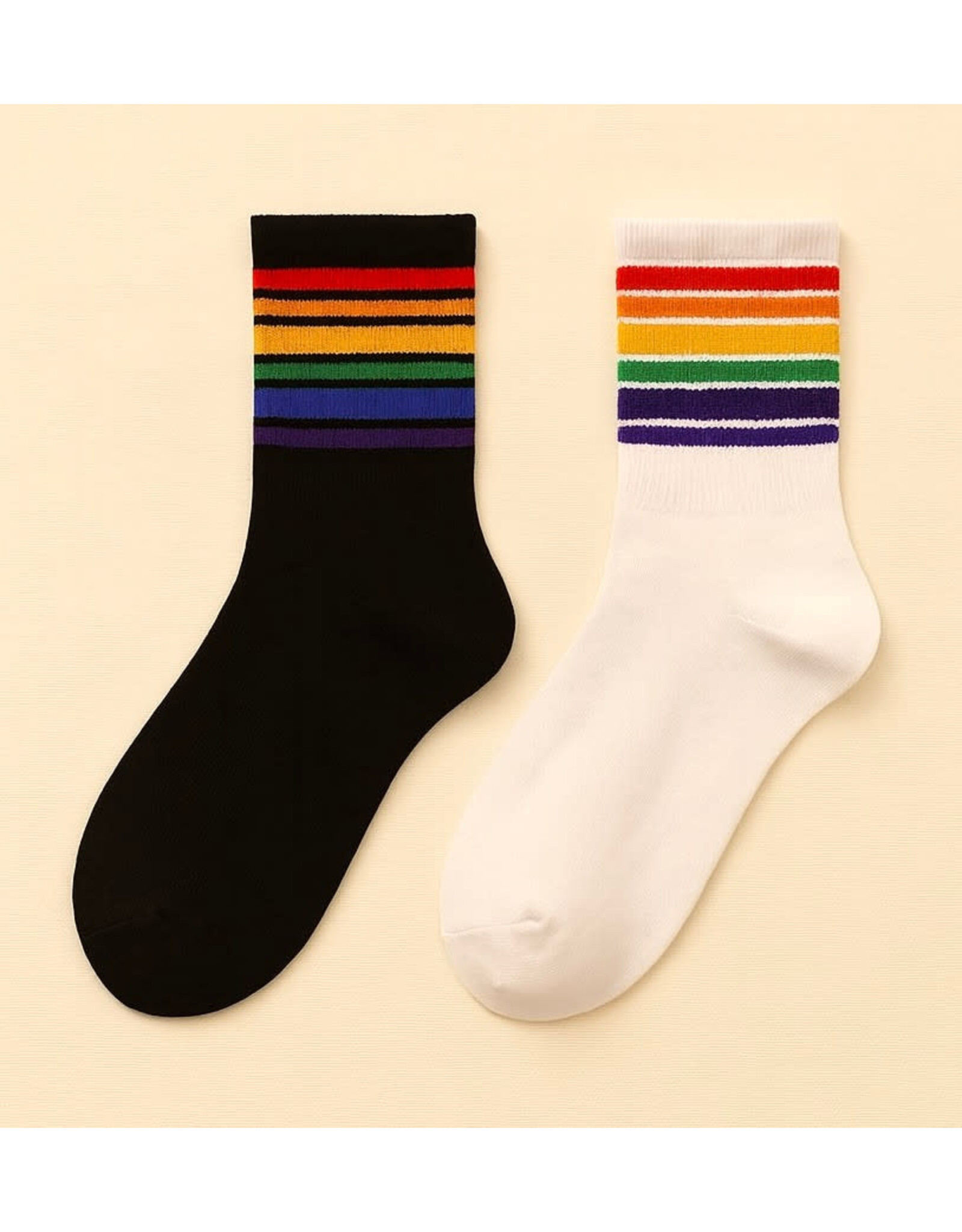 Pika & Bear Pika & Bear - "Milk" Crew Socks with Rainbow Stripe Detail in Black and White (2 Pack)