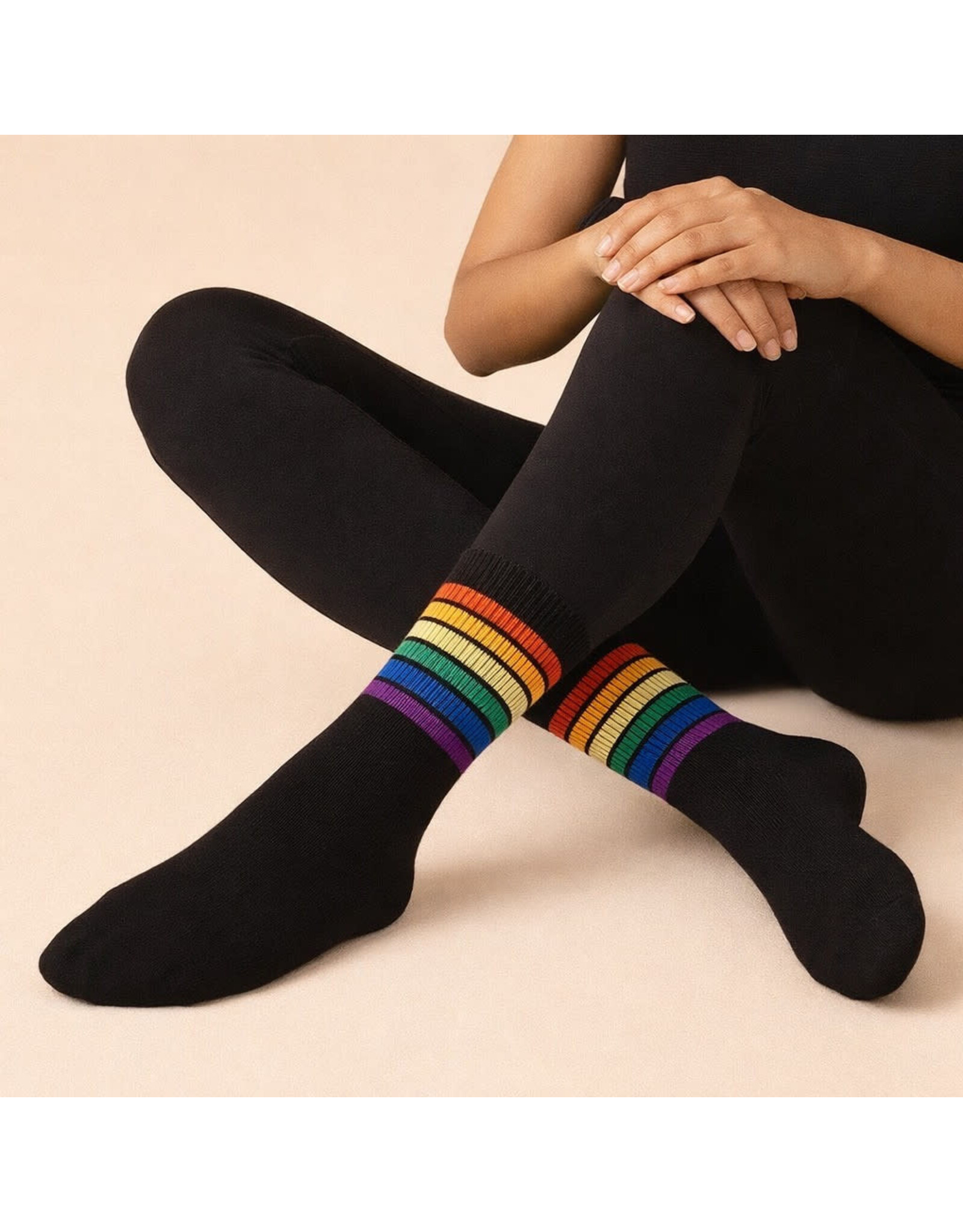 Pika & Bear Pika & Bear - "Milk" Crew Socks with Rainbow Stripe Detail in Black and White (2 Pack)