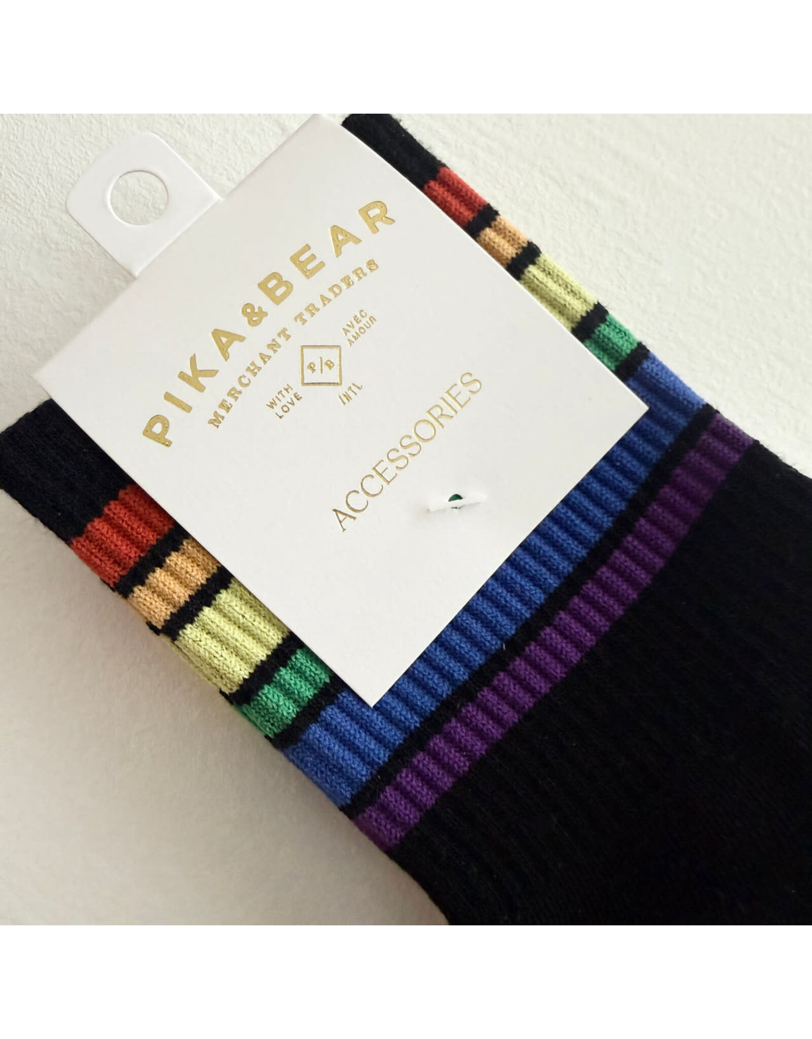 Pika & Bear Pika & Bear - "Milk" Crew Socks with Rainbow Stripe Detail in Black and White (2 Pack)