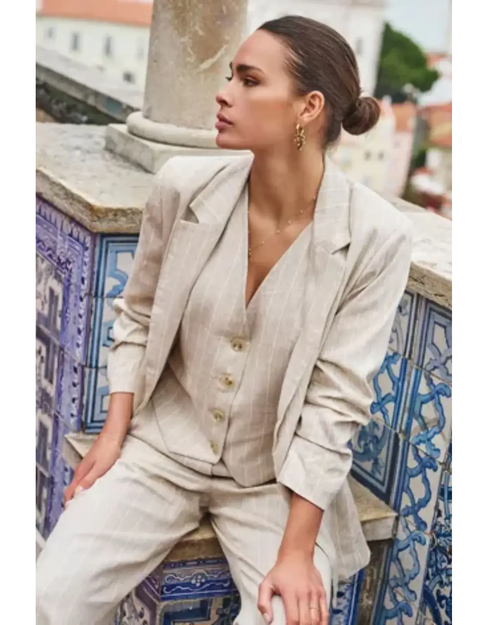 EsQualo EsQualo - Linen Striped Blazer (Sand)