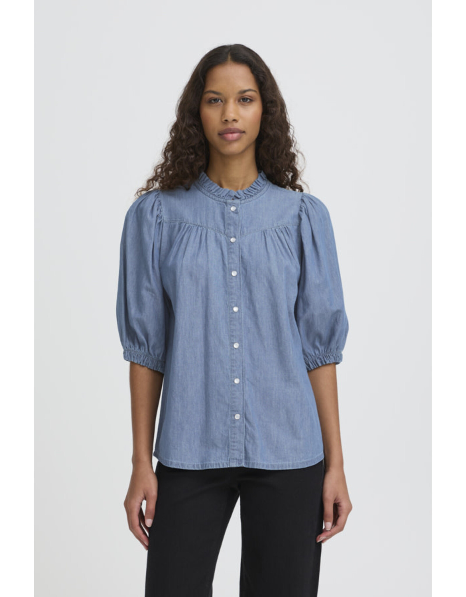 ICHI ICHI - Ancey Chambray Button Up Top (Washed Medium Blue)