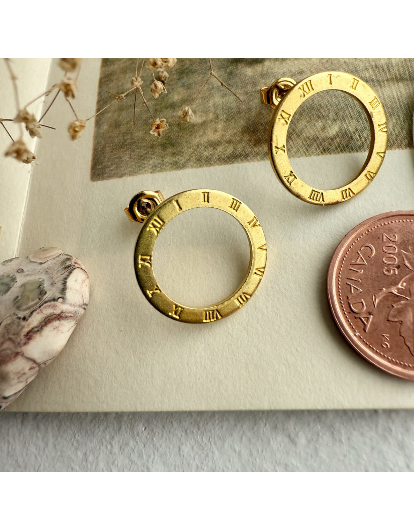 Pika & Bear Pika & Bear - "Samsara" Roman Numerals Circle Studs in Raw Brass