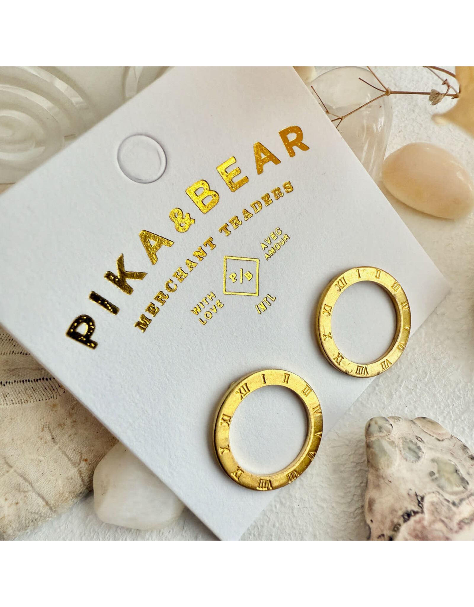 Pika & Bear Pika & Bear - "Samsara" Roman Numerals Circle Studs in Raw Brass