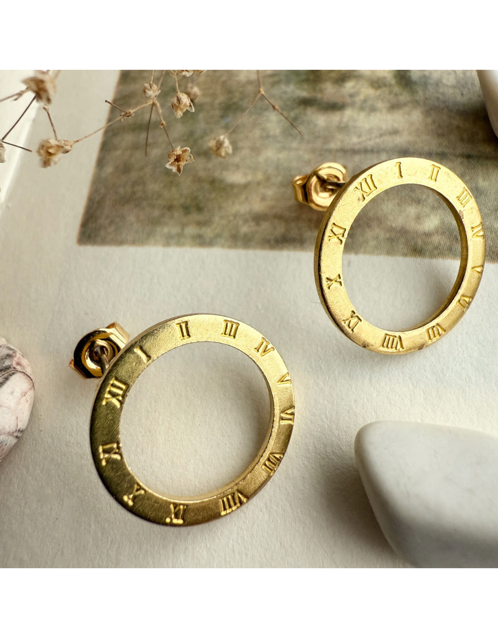 Pika & Bear Pika & Bear - "Samsara" Roman Numerals Circle Studs in Raw Brass