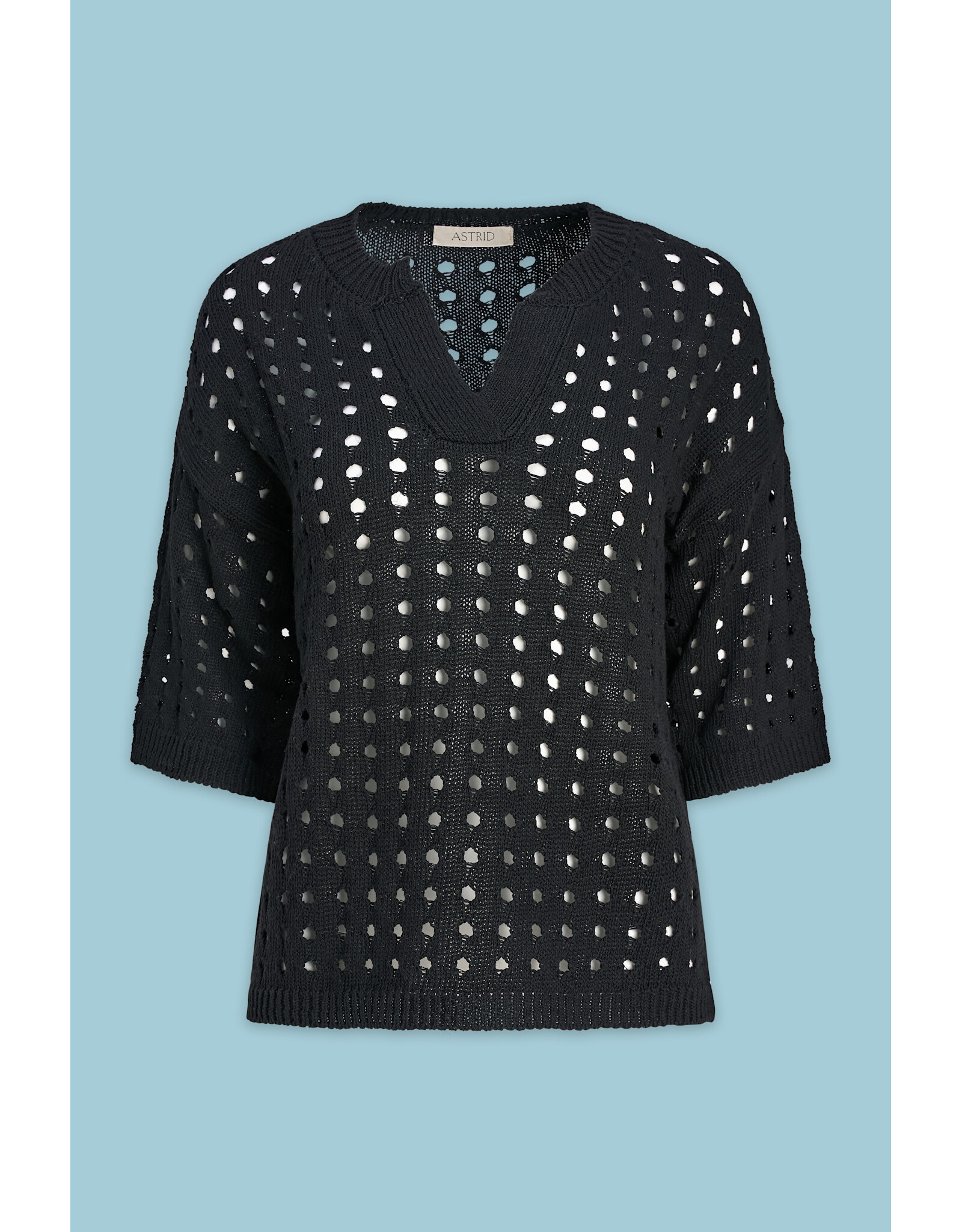 Astrid Astrid - Open Knit V Neck Short Sleeve Sweater (Black)