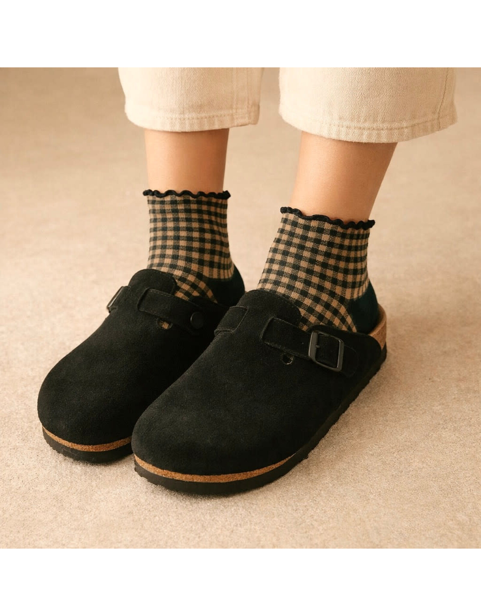 Pika & Bear Pika & Bear - "Lazy J" Waffle Gingham Ankle Socks with Ruffled Edge (3 pack)