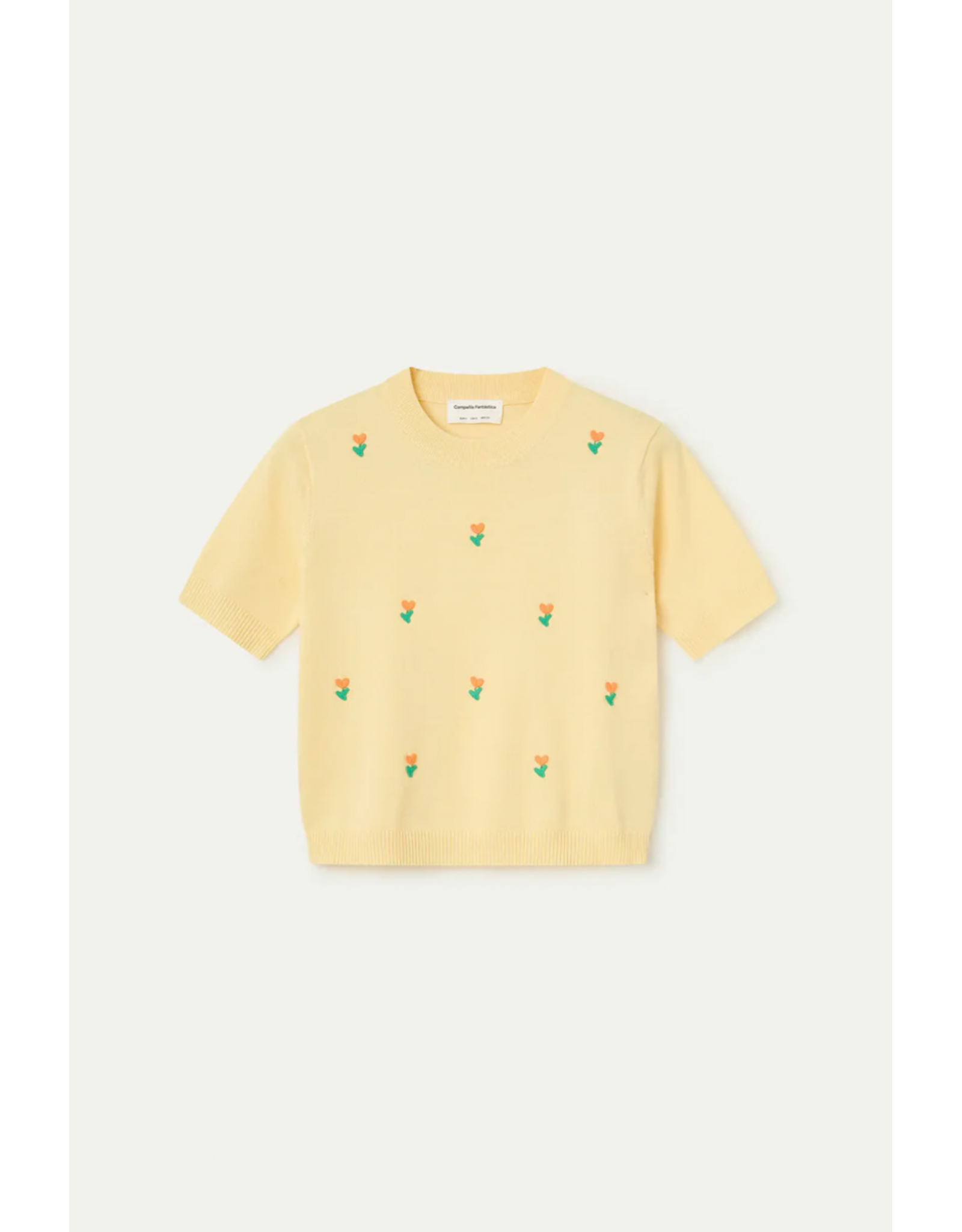 Compania Fantastica Compania Fantastica -  Short Sleeve Knit Top with Embroidered Flowers (Yellow)