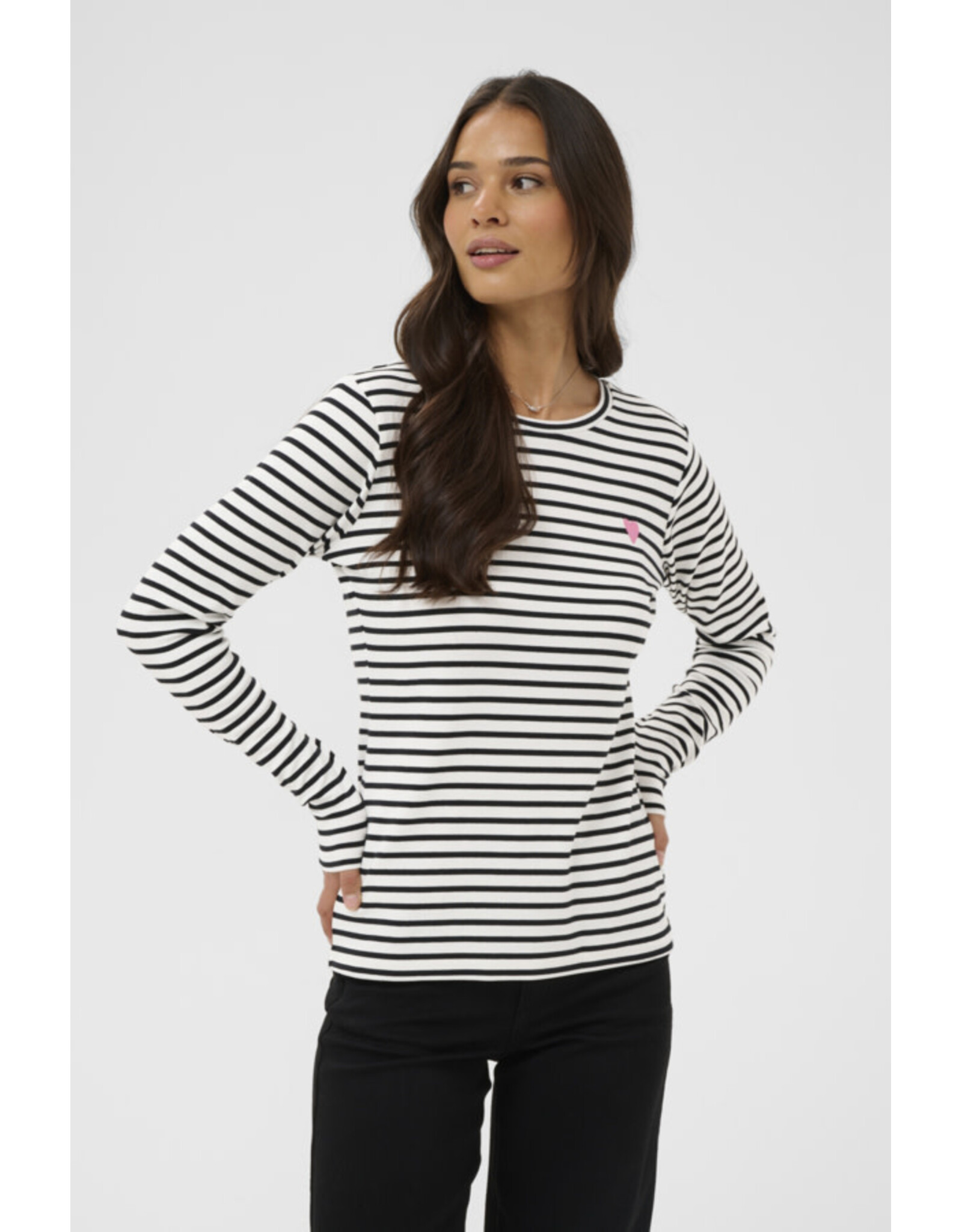 Kaffe Kaffe - Liddy Striped Long Sleeve Shirt (Chalk / Blk with Pink Heart))
