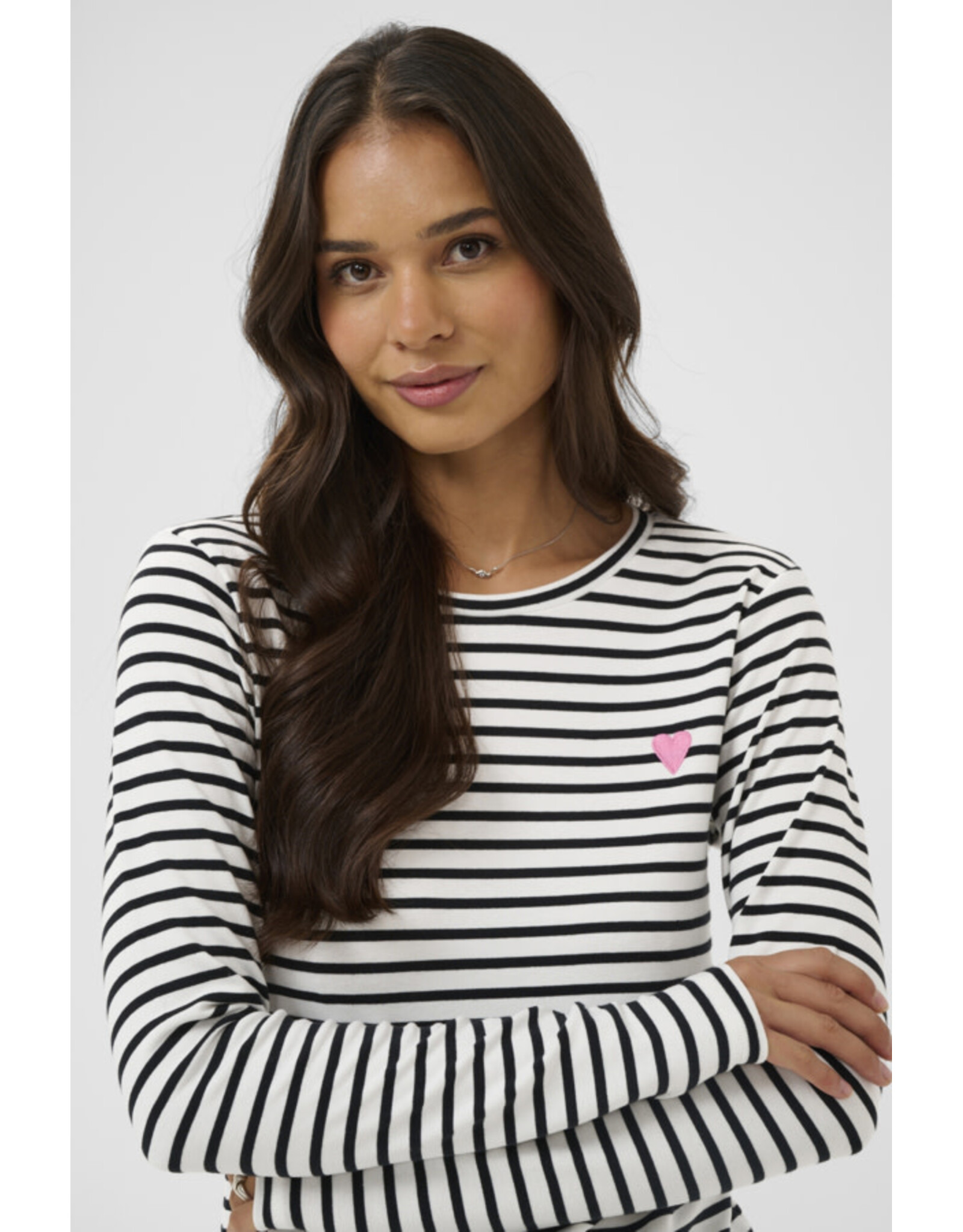 Kaffe Kaffe - Liddy Striped Long Sleeve Shirt (Chalk / Blk with Pink Heart))