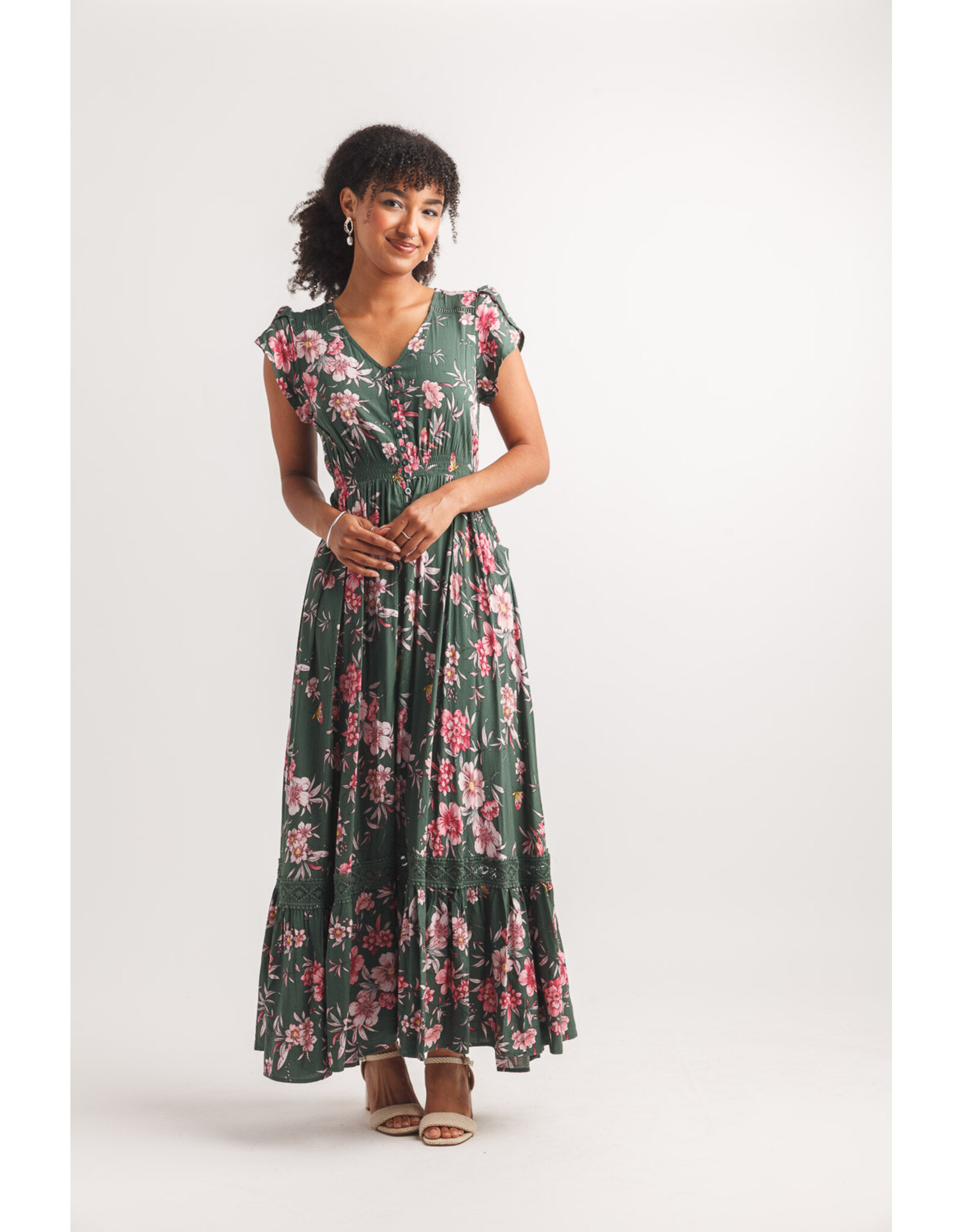 Papillon Papillon - Floral Print Short Sleeve Button Up Dress (Green)