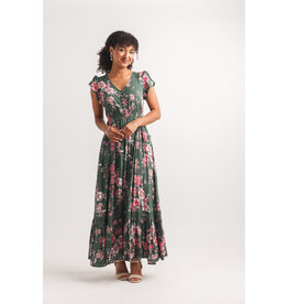 Papillon Papillon - Floral Print Short Sleeve Button Up Dress (Green)