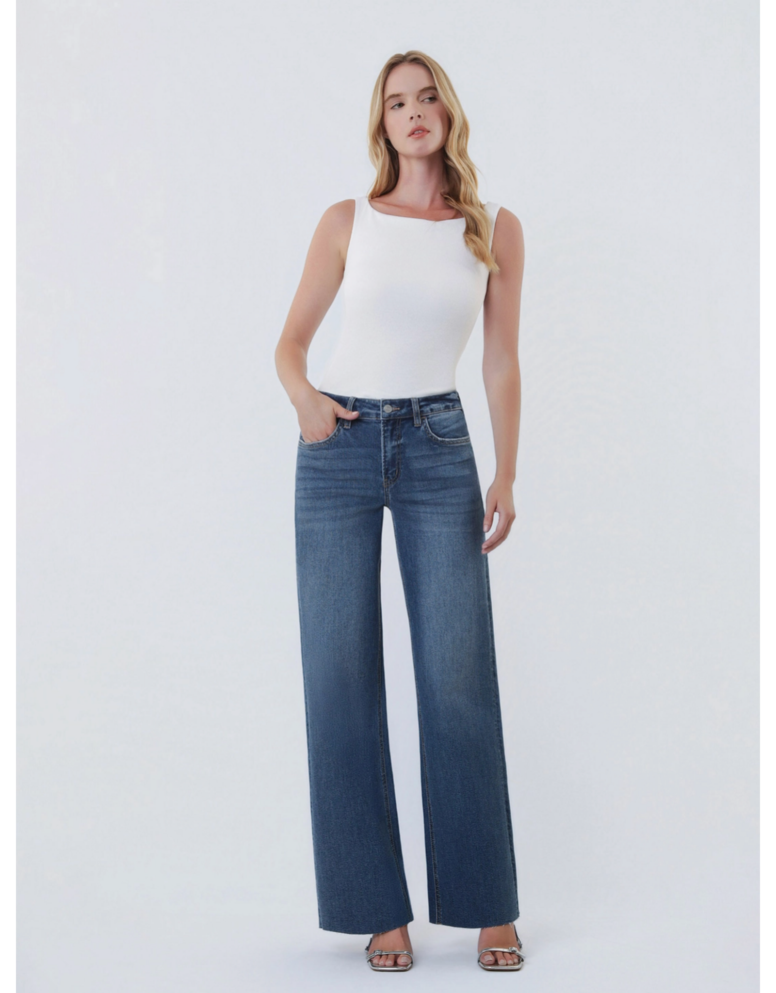 VERVET VERVET - High Rise Dark Wash Clean Cut Raw Hem Wide Jeans (Ingenuously)