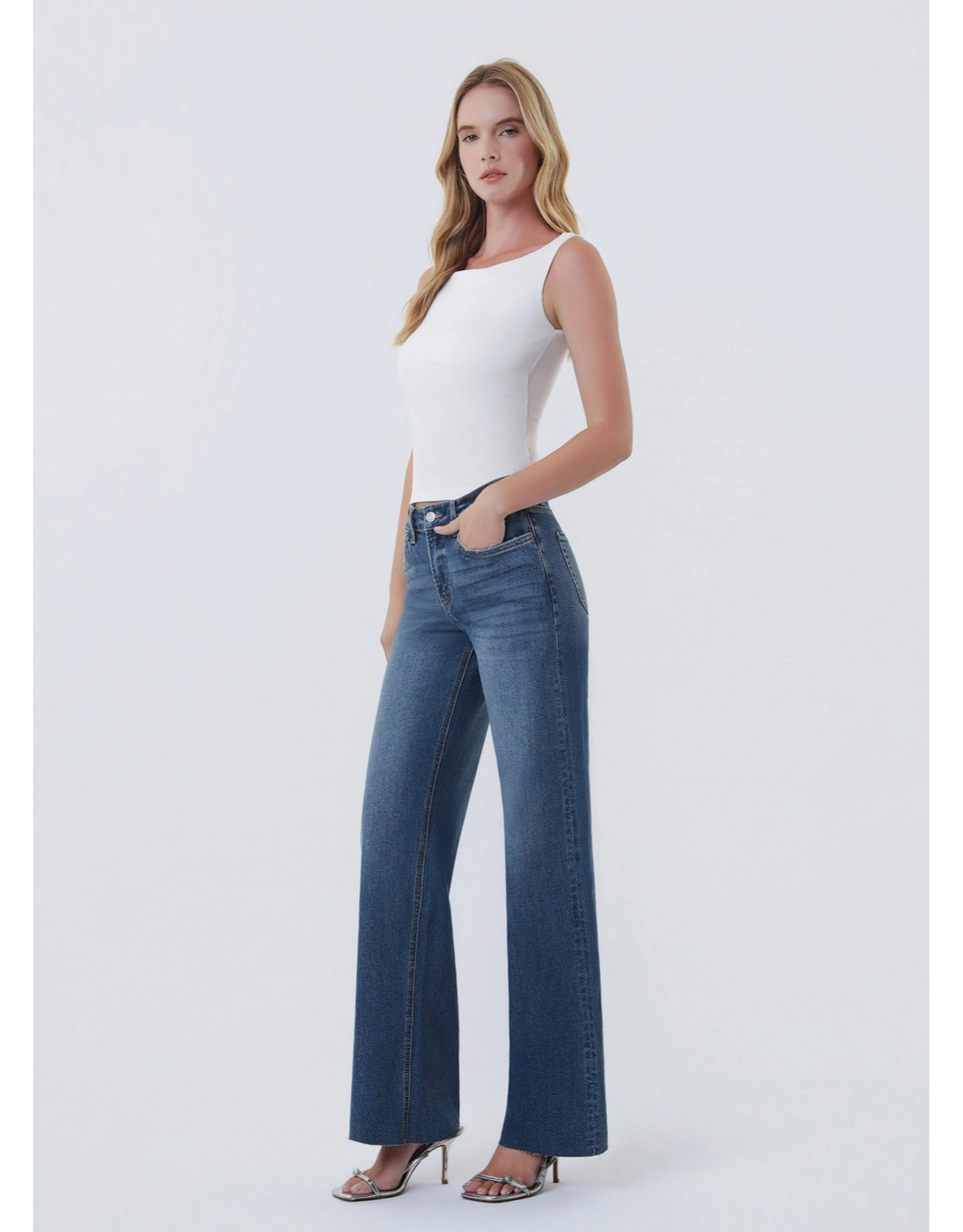 VERVET VERVET - High Rise Dark Wash Clean Cut Raw Hem Wide Jeans (Ingenuously)