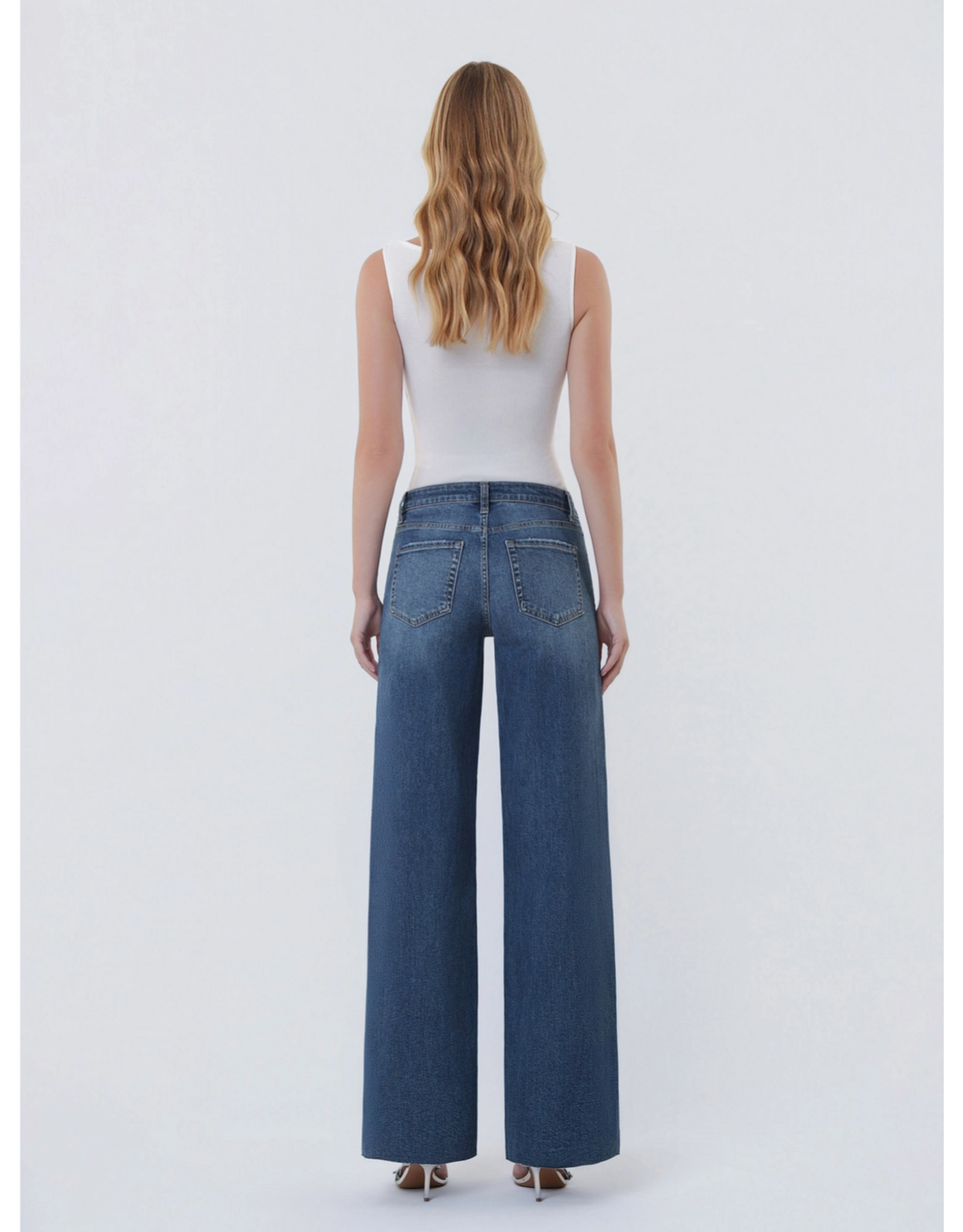 VERVET VERVET - High Rise Dark Wash Clean Cut Raw Hem Wide Jeans (Ingenuously)