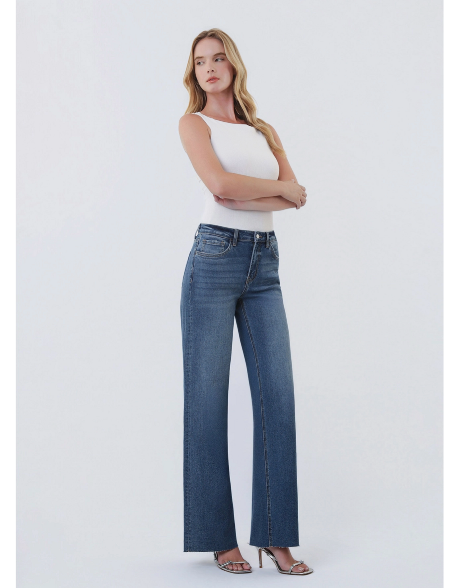 VERVET VERVET - High Rise Dark Wash Clean Cut Raw Hem Wide Jeans (Ingenuously)