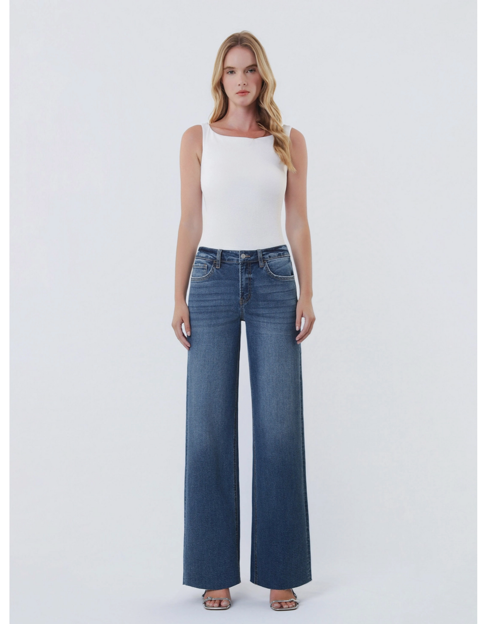 VERVET VERVET - High Rise Dark Wash Clean Cut Raw Hem Wide Jeans (Ingenuously)