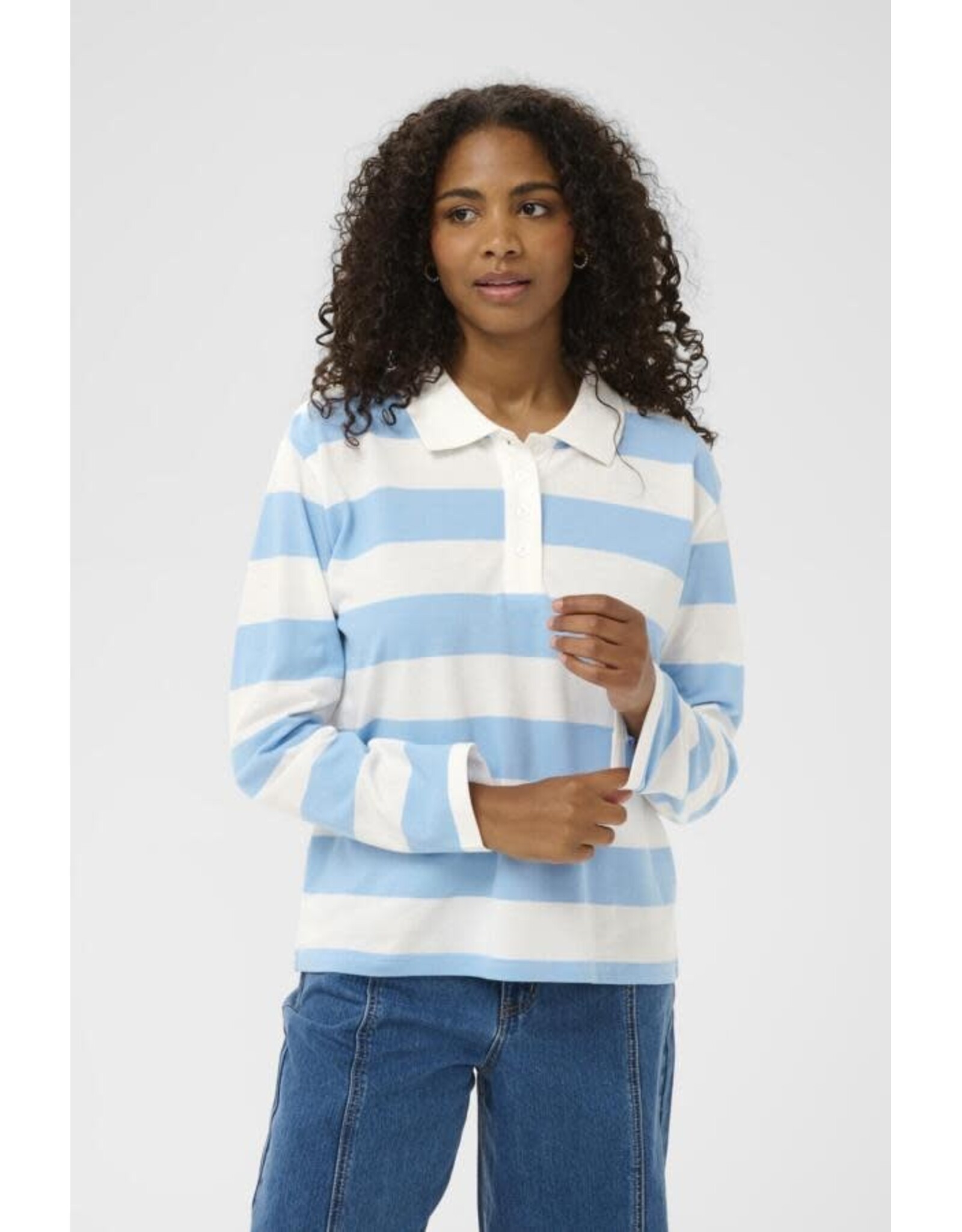 Kaffe Kaffe - Miala Long Sleeve Polo Shirt (Chalk / Powder Blue)